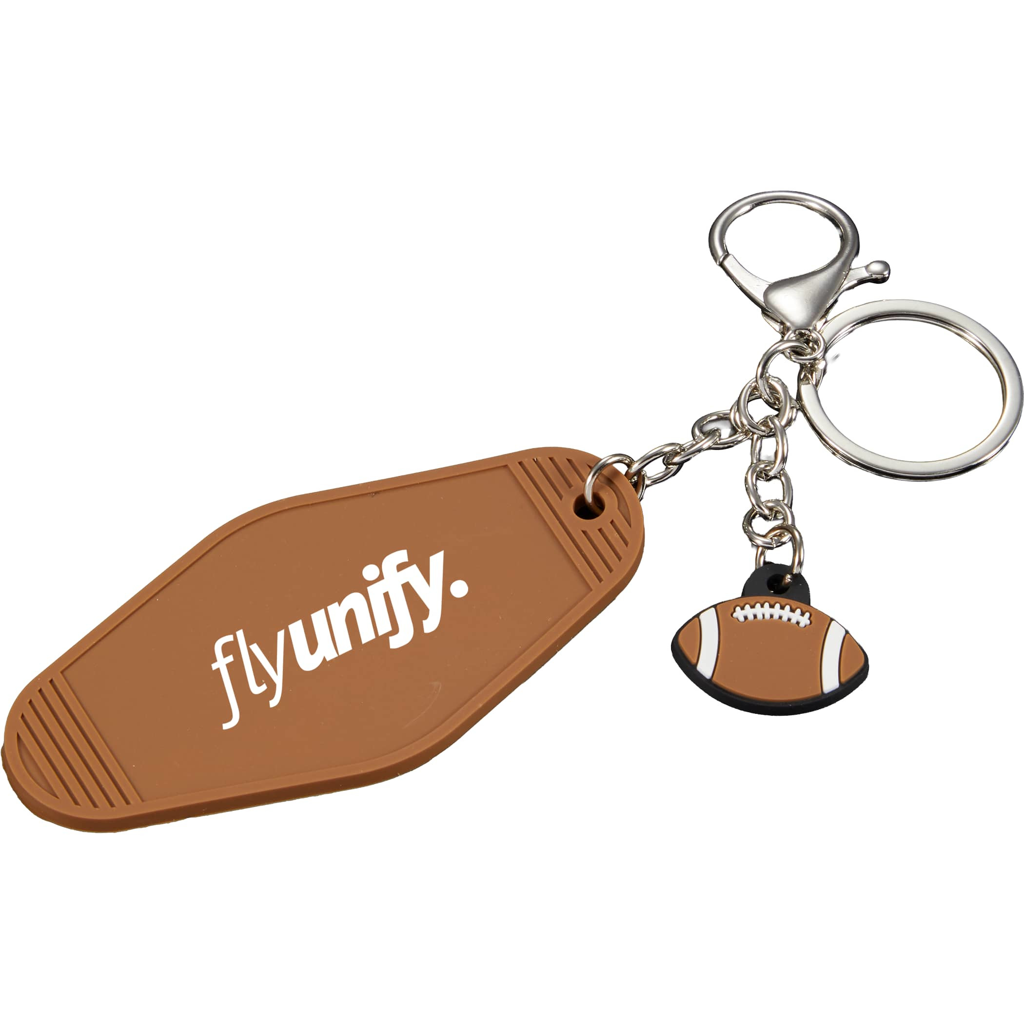 Football motel keychain in a brown wood-grain finish, shaped like a football motel-style key tag, attached to a metal key ring and shown as a functional key accessory used for holding and organizing keys.