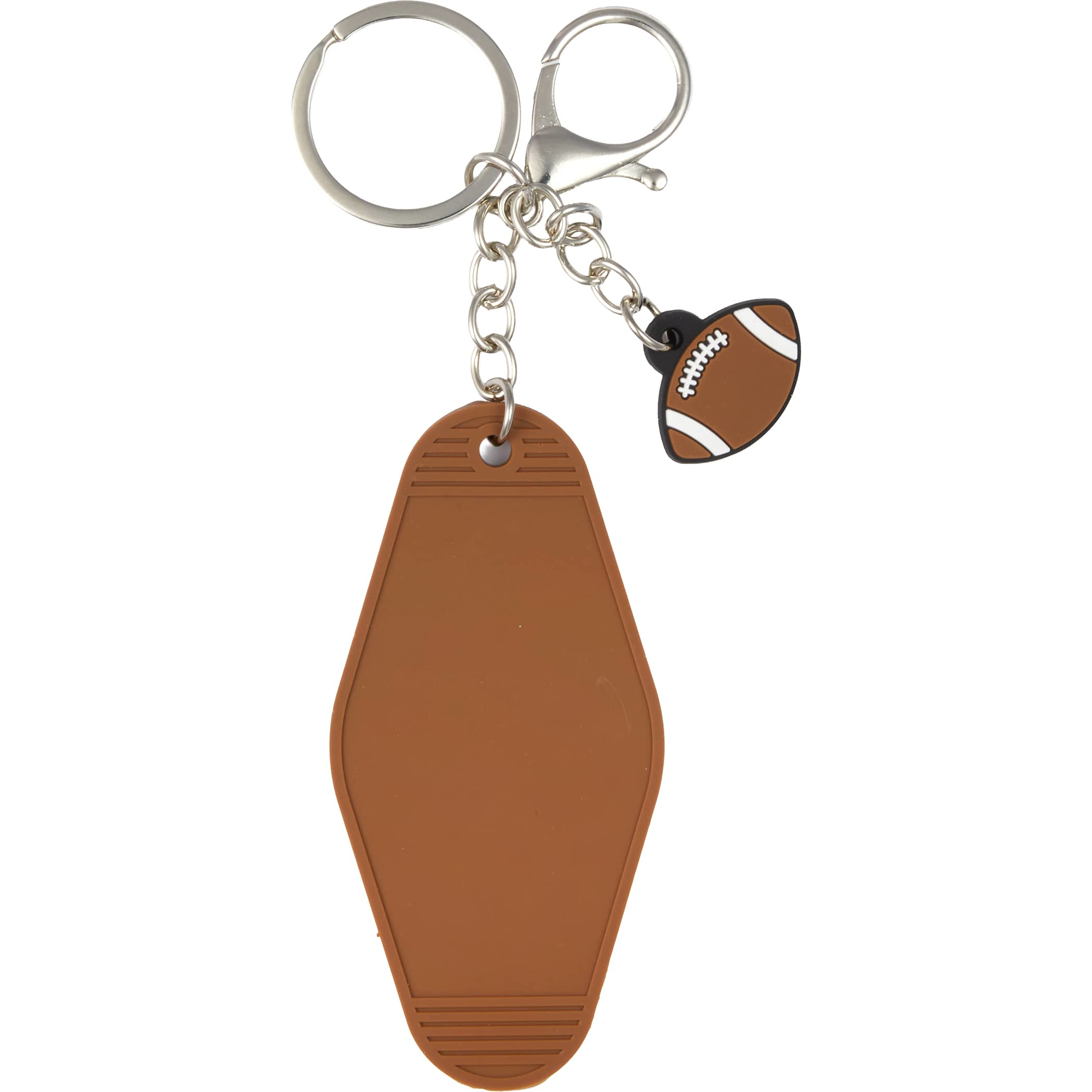 Football motel keychain in a brown wood-grain finish, shaped like a football motel-style key tag, attached to a metal key ring and shown as a functional key accessory used for holding and organizing keys.