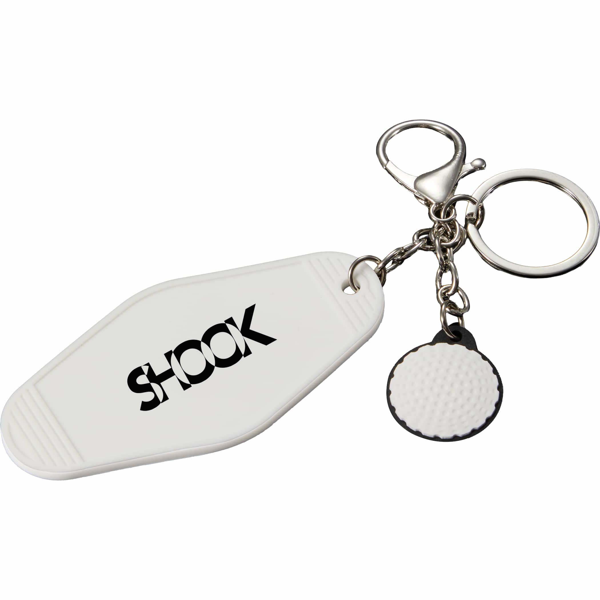 Golf Motel Keychain in a white shaped like a golf motel-style key tag, attached to a metal key ring and shown as a functional key accessory used for holding and organizing keys.