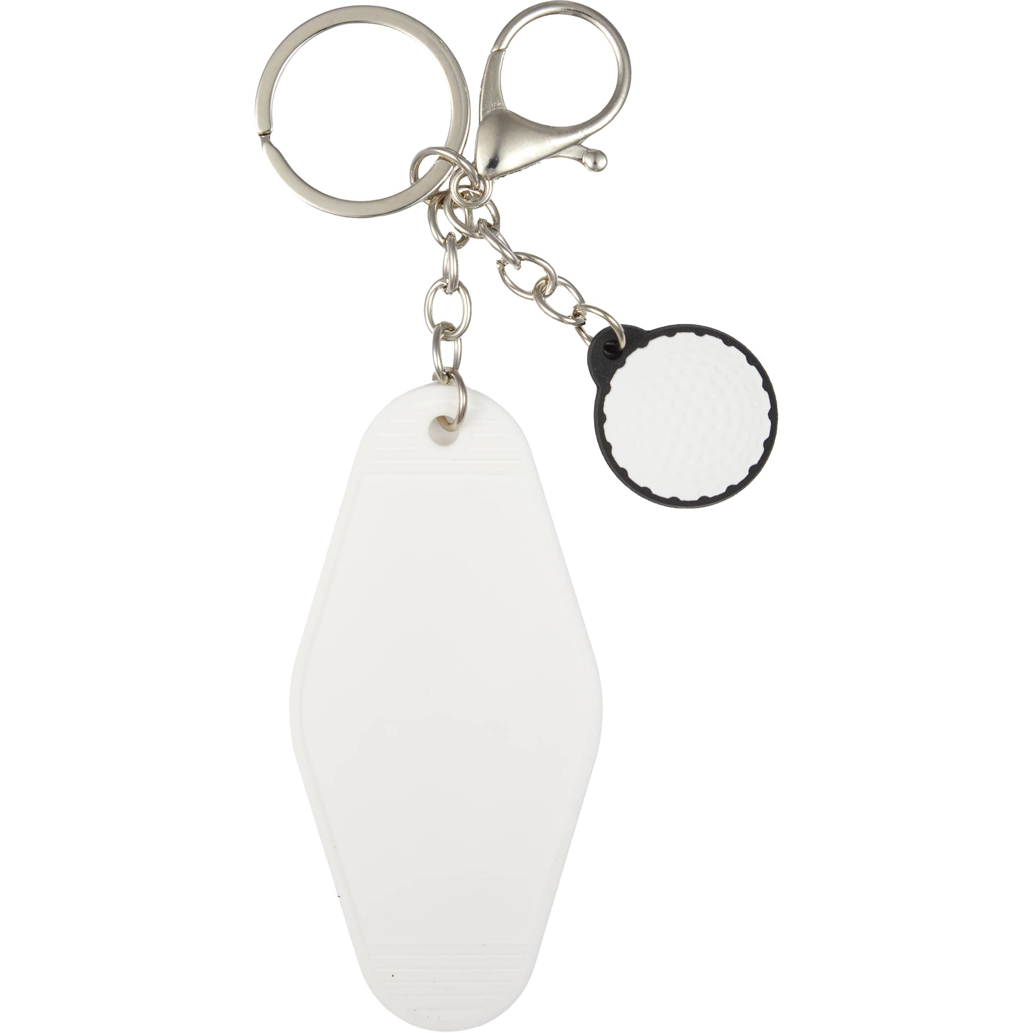 Golf Motel Keychain in a white shaped like a golf motel-style key tag, attached to a metal key ring and shown as a functional key accessory used for holding and organizing keys.