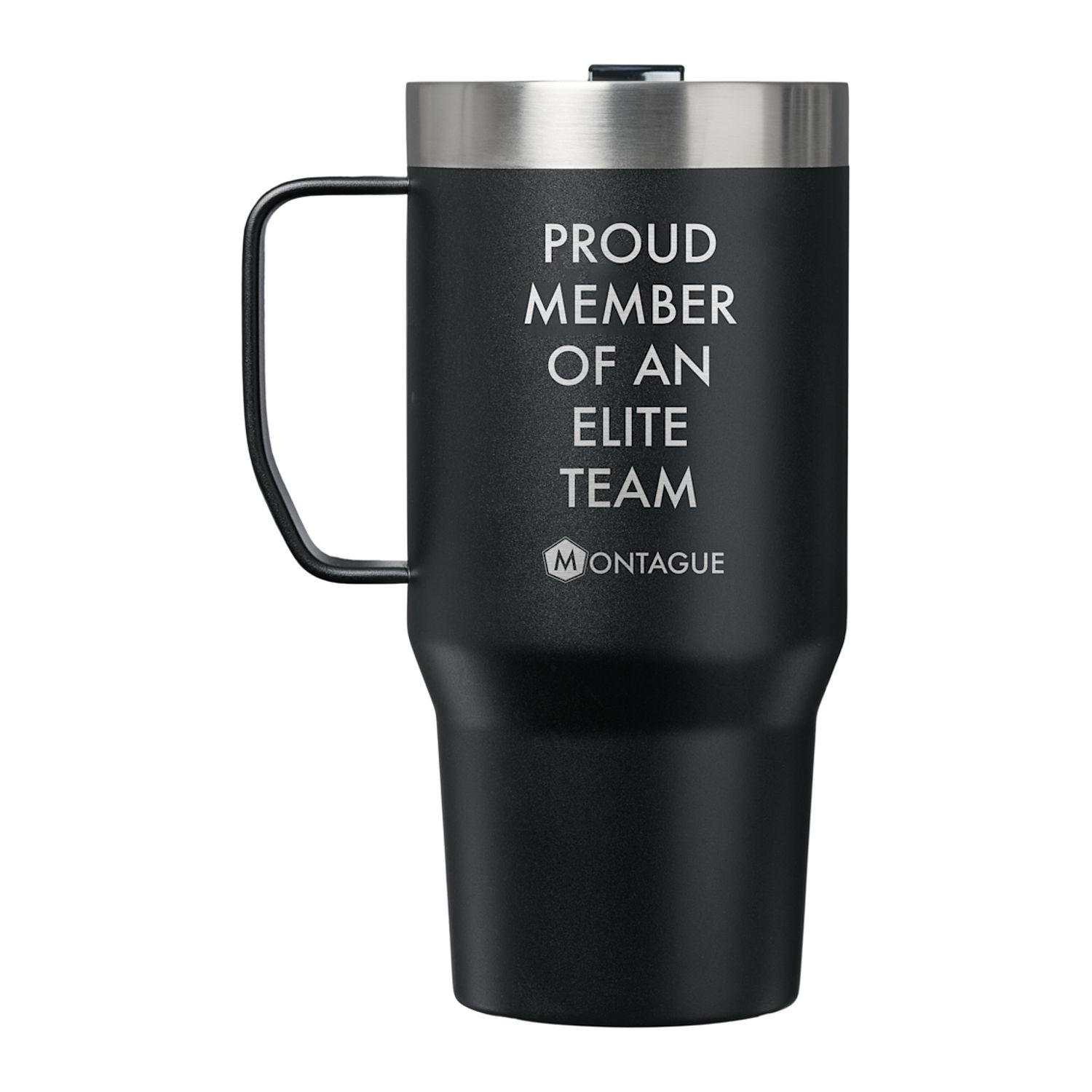 Black 24 oz insulated mug with a smooth matte finish, sturdy handle, tapered base, and clear spill-resistant lid designed for everyday hot or cold drinks.