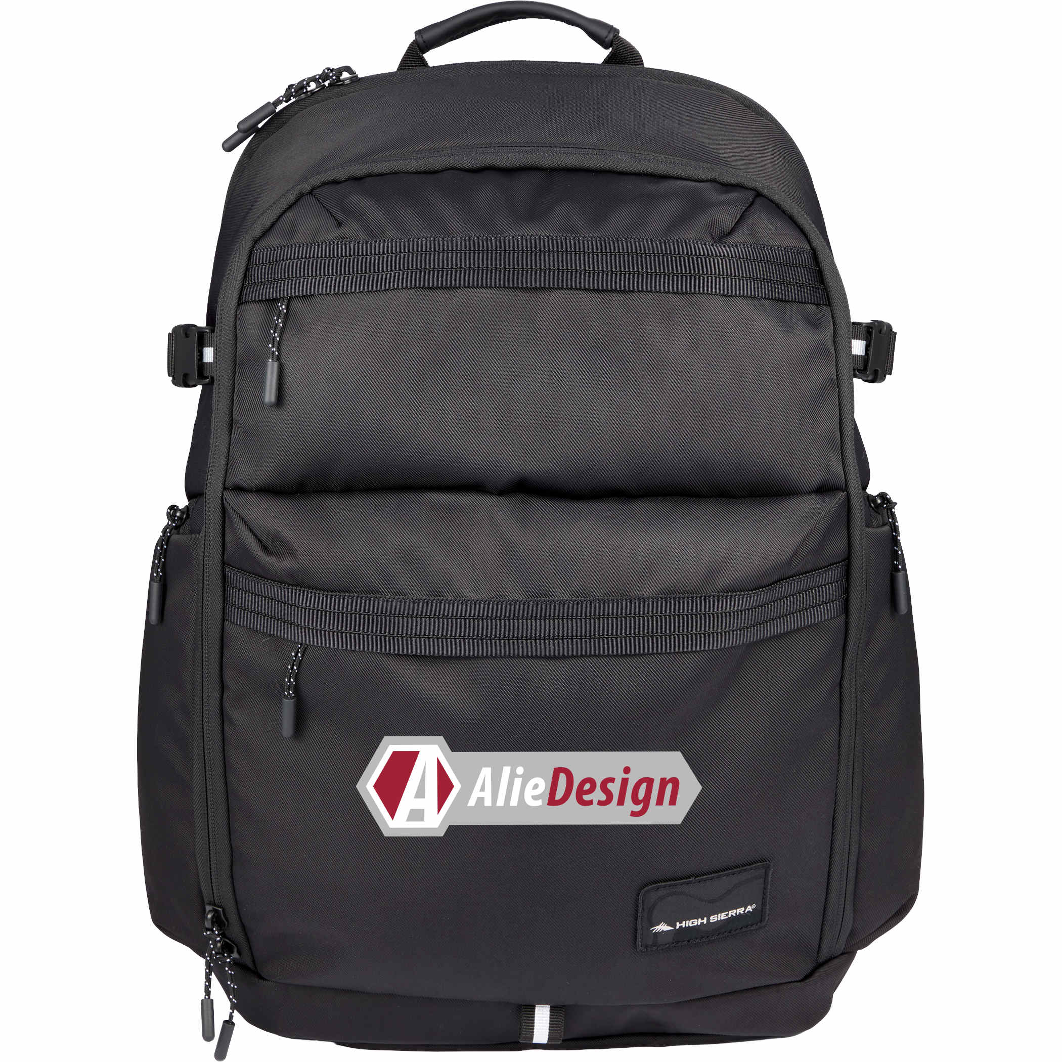 Black High Sierra Daily Pro Backpack recycled polyester laptop backpack with large main compartment, front zip pockets, side storage pockets, padded shoulder straps, and travel-ready design for daily commuting and work essentials.