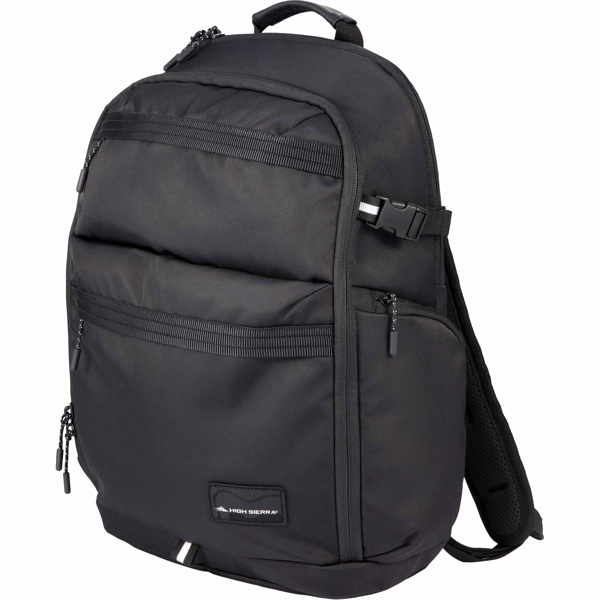 Black High Sierra Daily Pro Backpack recycled polyester laptop backpack with large main compartment, front zip pockets, side storage pockets, padded shoulder straps, and travel-ready design for daily commuting and work essentials.