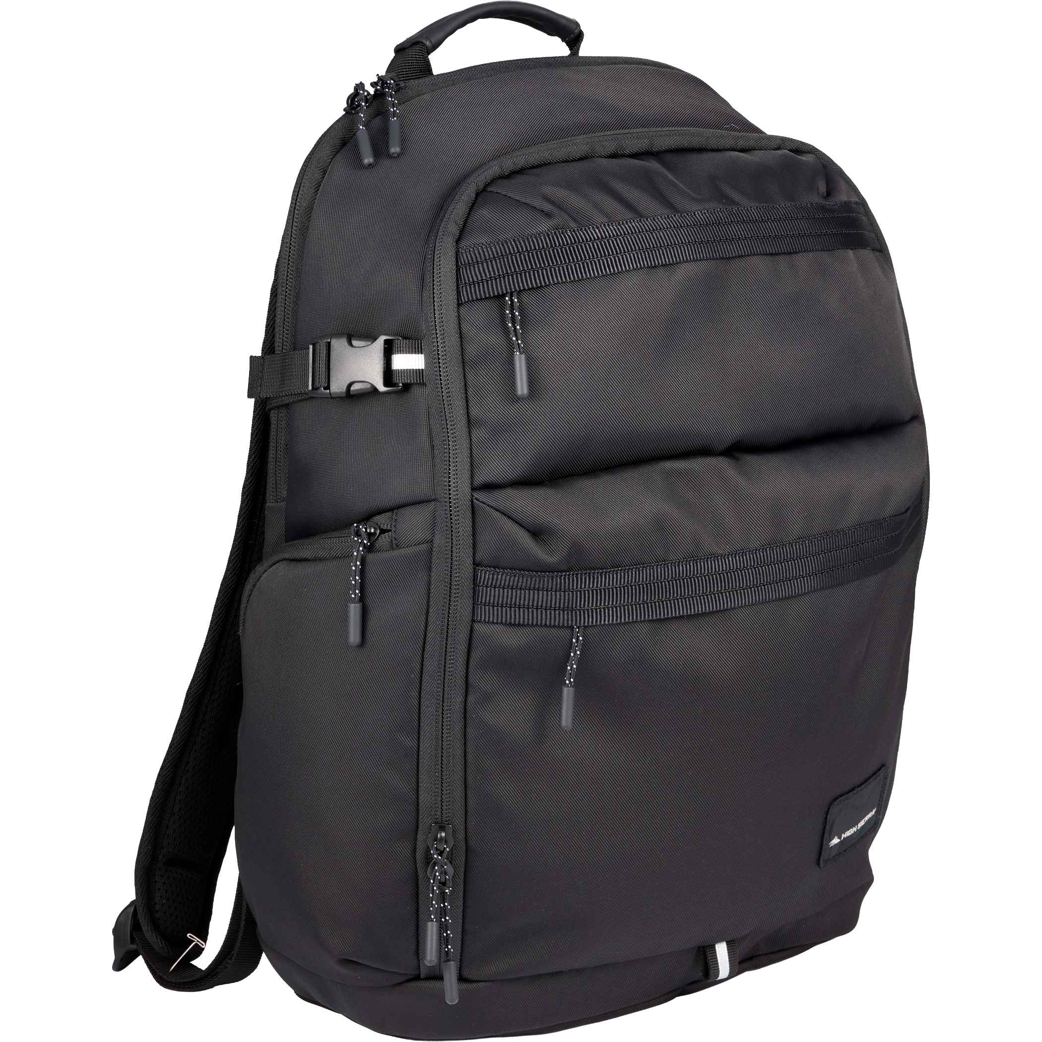 Black High Sierra Daily Pro Backpack recycled polyester laptop backpack with large main compartment, front zip pockets, side storage pockets, padded shoulder straps, and travel-ready design for daily commuting and work essentials.