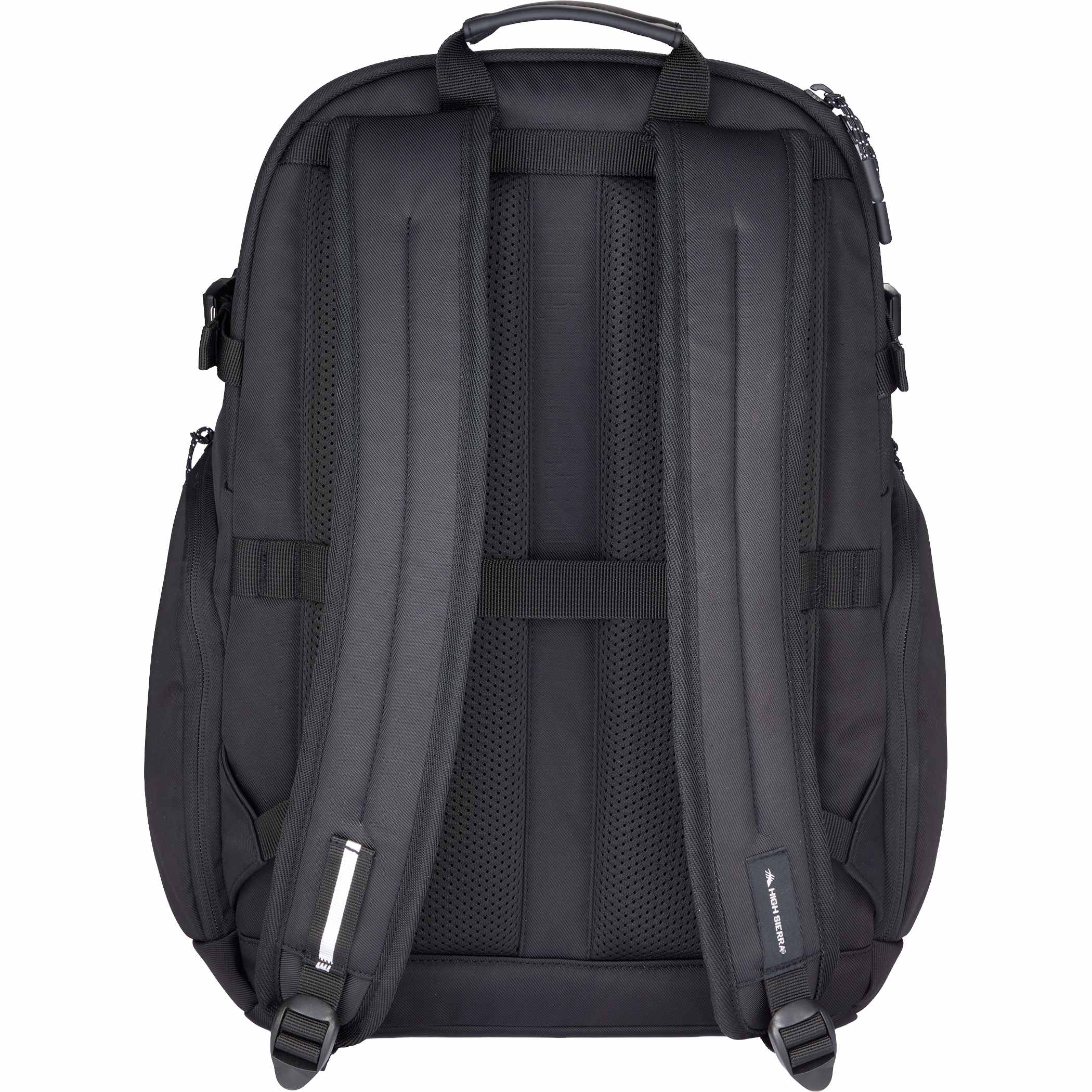 Black High Sierra Daily Pro Backpack recycled polyester laptop backpack with large main compartment, front zip pockets, side storage pockets, padded shoulder straps, and travel-ready design for daily commuting and work essentials.