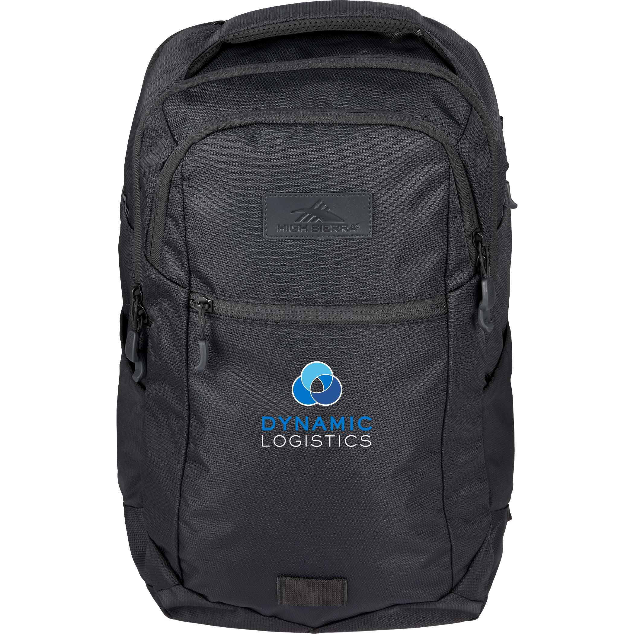 High Sierra Stoneway 15" Laptop Backpack black recycled polyester backpack with books, notebook, water bottle, and accessories organized inside multiple storage compartments