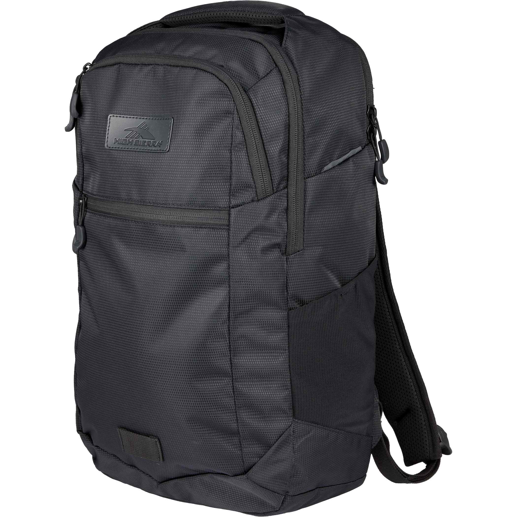 High Sierra Stoneway 15" Laptop Backpack black recycled polyester backpack with books, notebook, water bottle, and accessories organized inside multiple storage compartments