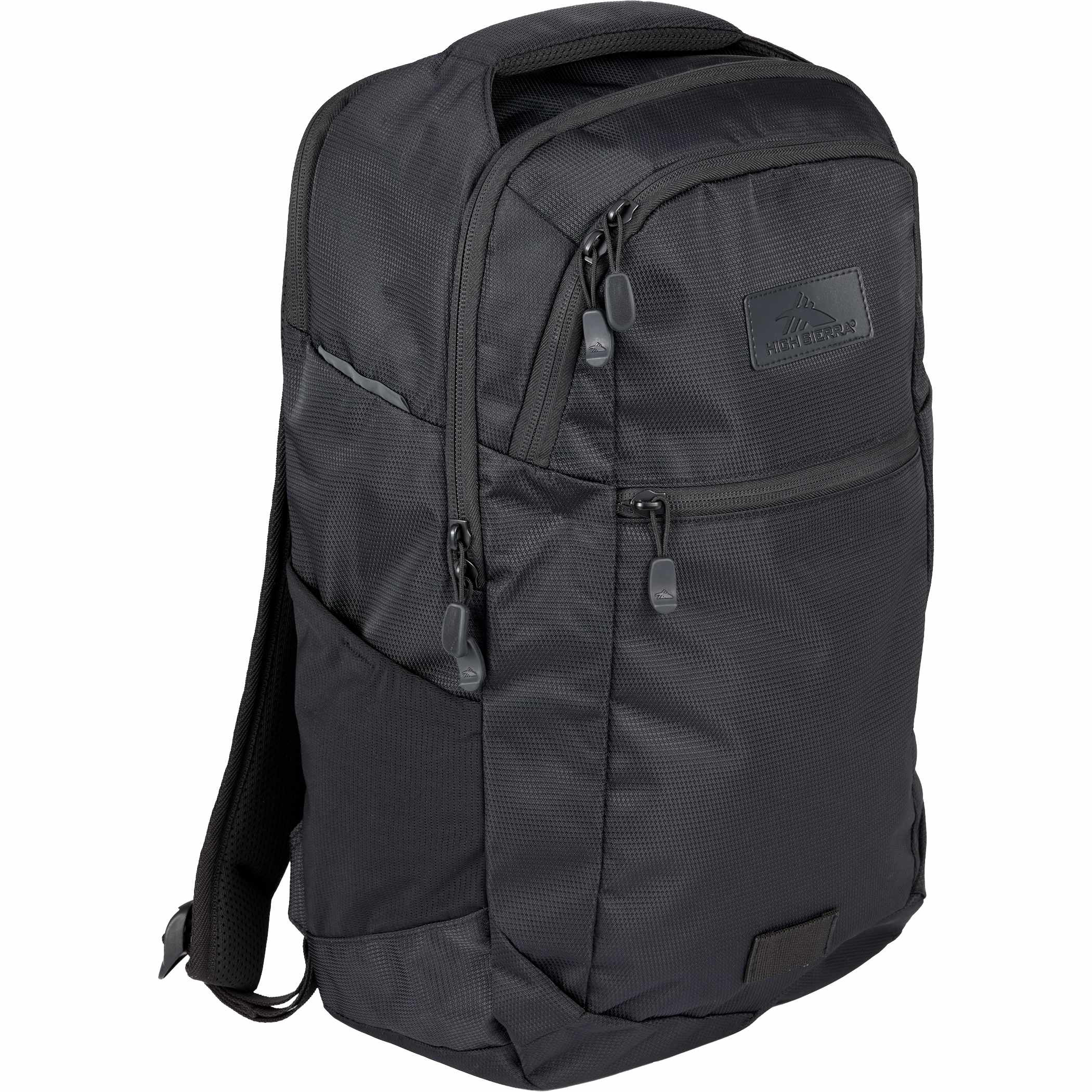 High Sierra Stoneway 15" Laptop Backpack black recycled polyester backpack with books, notebook, water bottle, and accessories organized inside multiple storage compartments