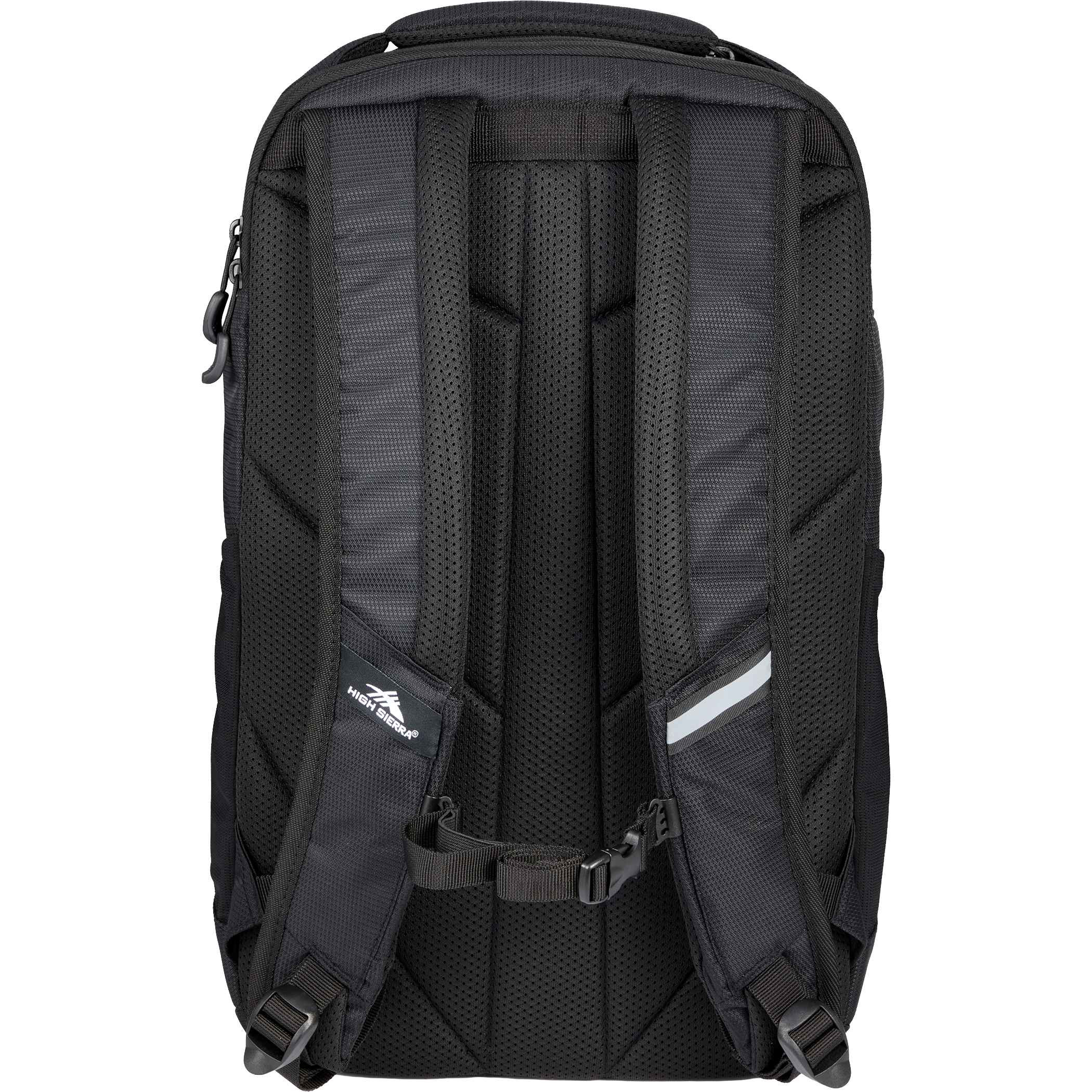 High Sierra Stoneway 15" Laptop Backpack black recycled polyester backpack with books, notebook, water bottle, and accessories organized inside multiple storage compartments
