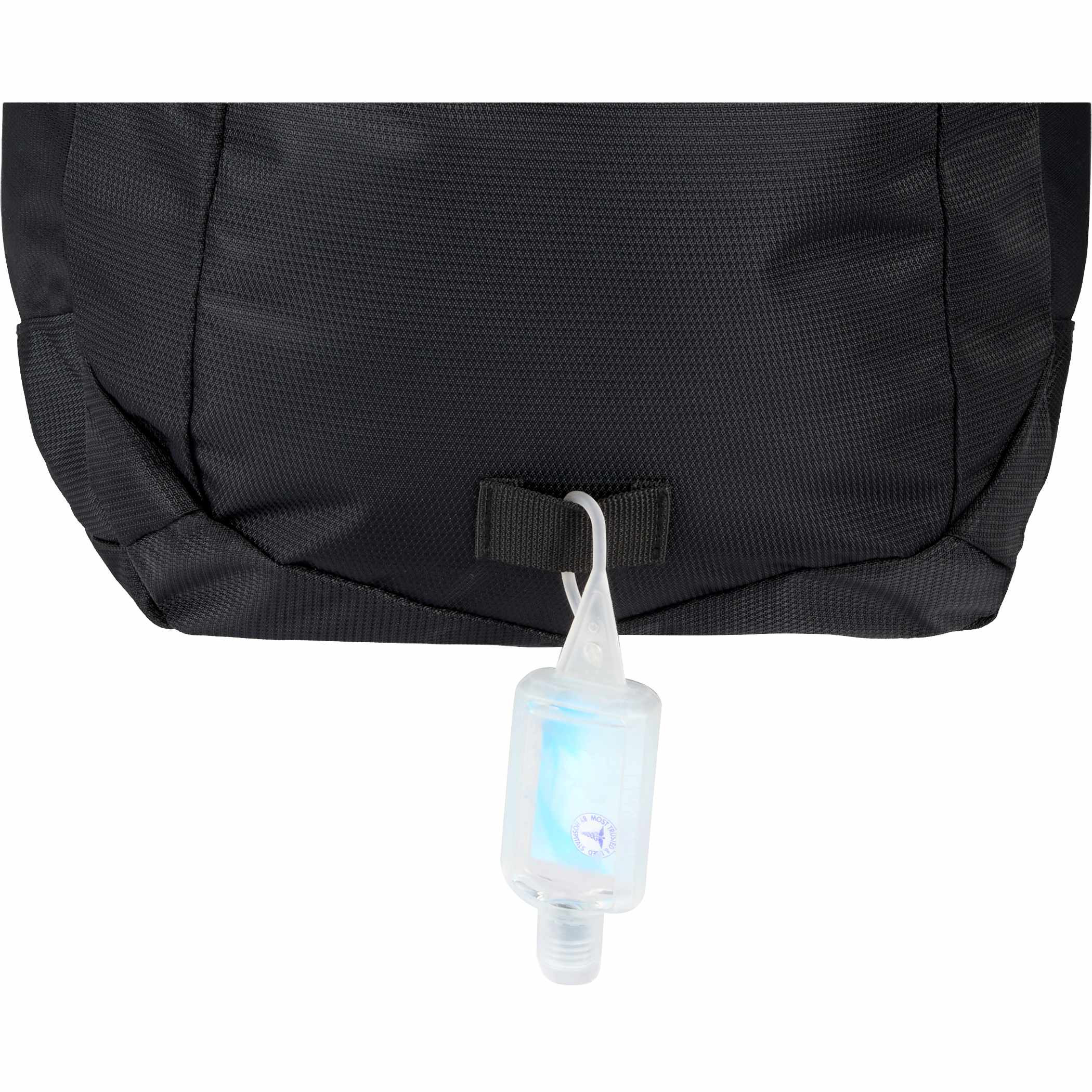 High Sierra Stoneway 15" Laptop Backpack black recycled polyester backpack featuring bottom attachment loop holding a small travel bottle accessory