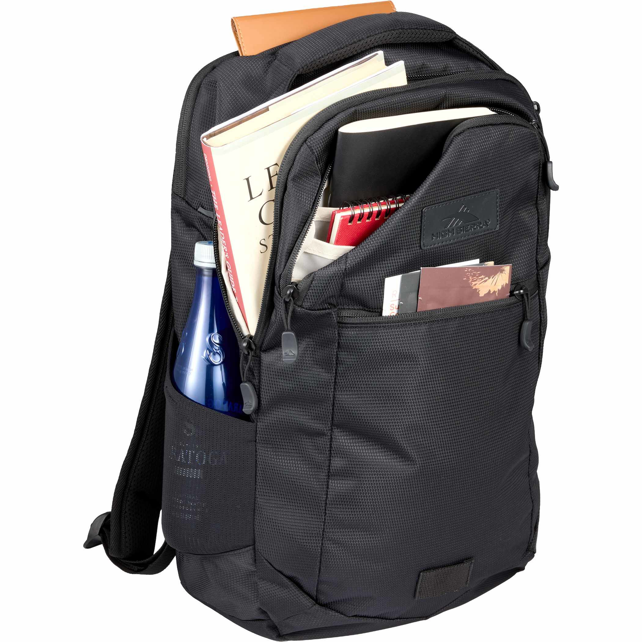 High Sierra Stoneway 15" Laptop Backpack black recycled polyester backpack with open front compartment showing notebook, wallet, keys, lotion, and organizer pockets for everyday carry items