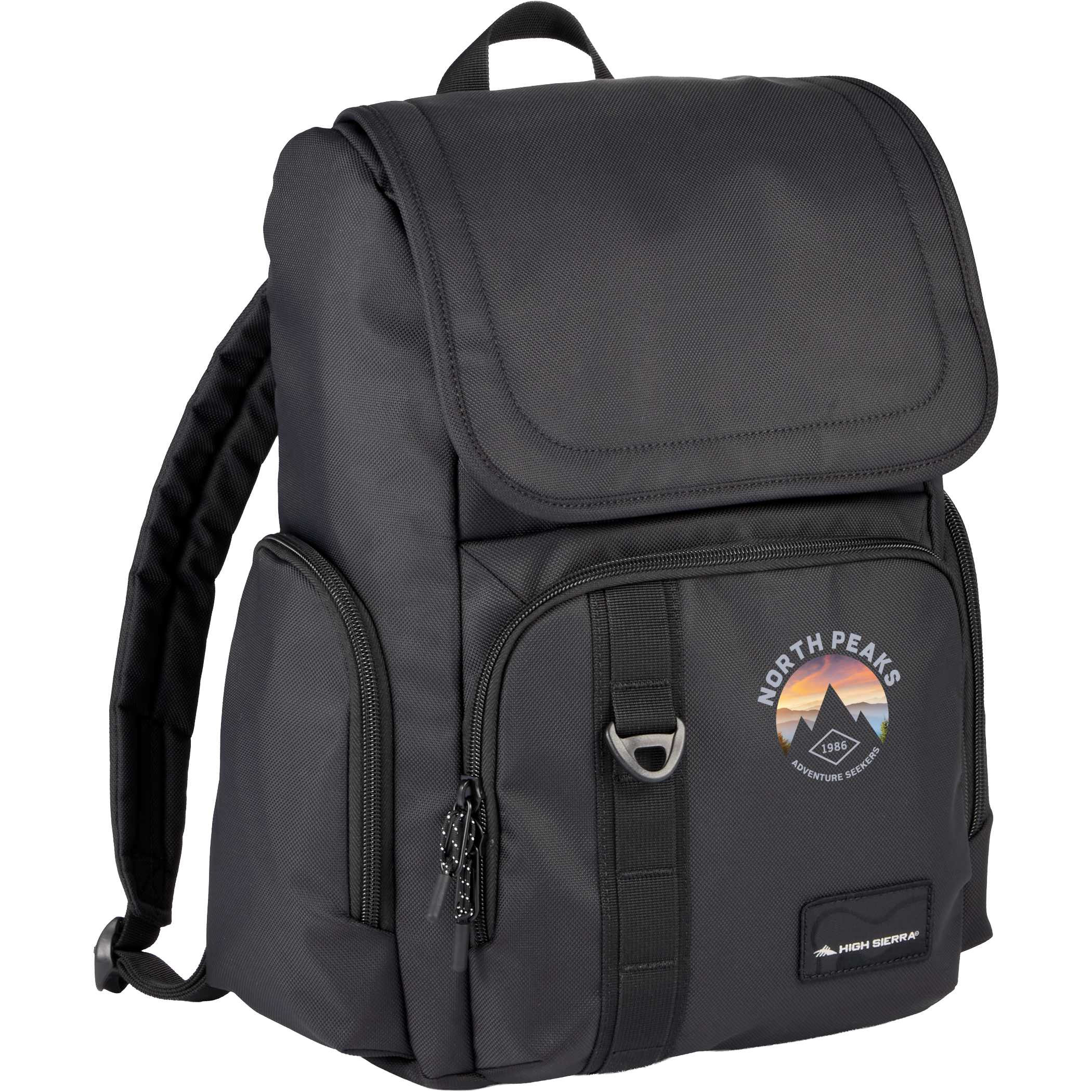 High Sierra Trekpoint Flap Backpack in black recycled polyester with flap-top design, padded shoulder straps, front zip pocket, side zip pockets, and laptop storage for work, school, or everyday carry.