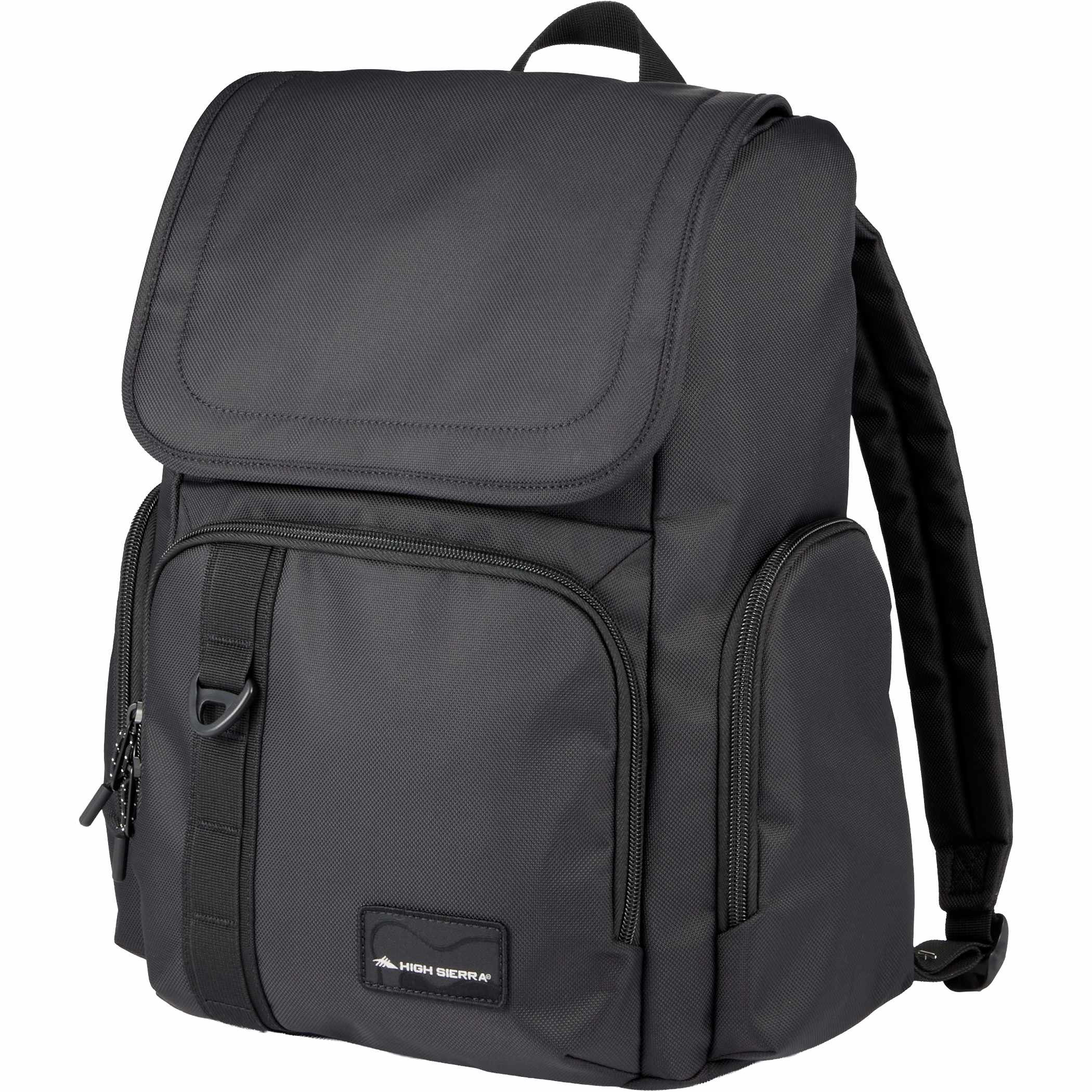 High Sierra Trekpoint Flap Backpack in black recycled polyester with flap-top design, padded shoulder straps, front zip pocket, side zip pockets, and laptop storage for work, school, or everyday carry.