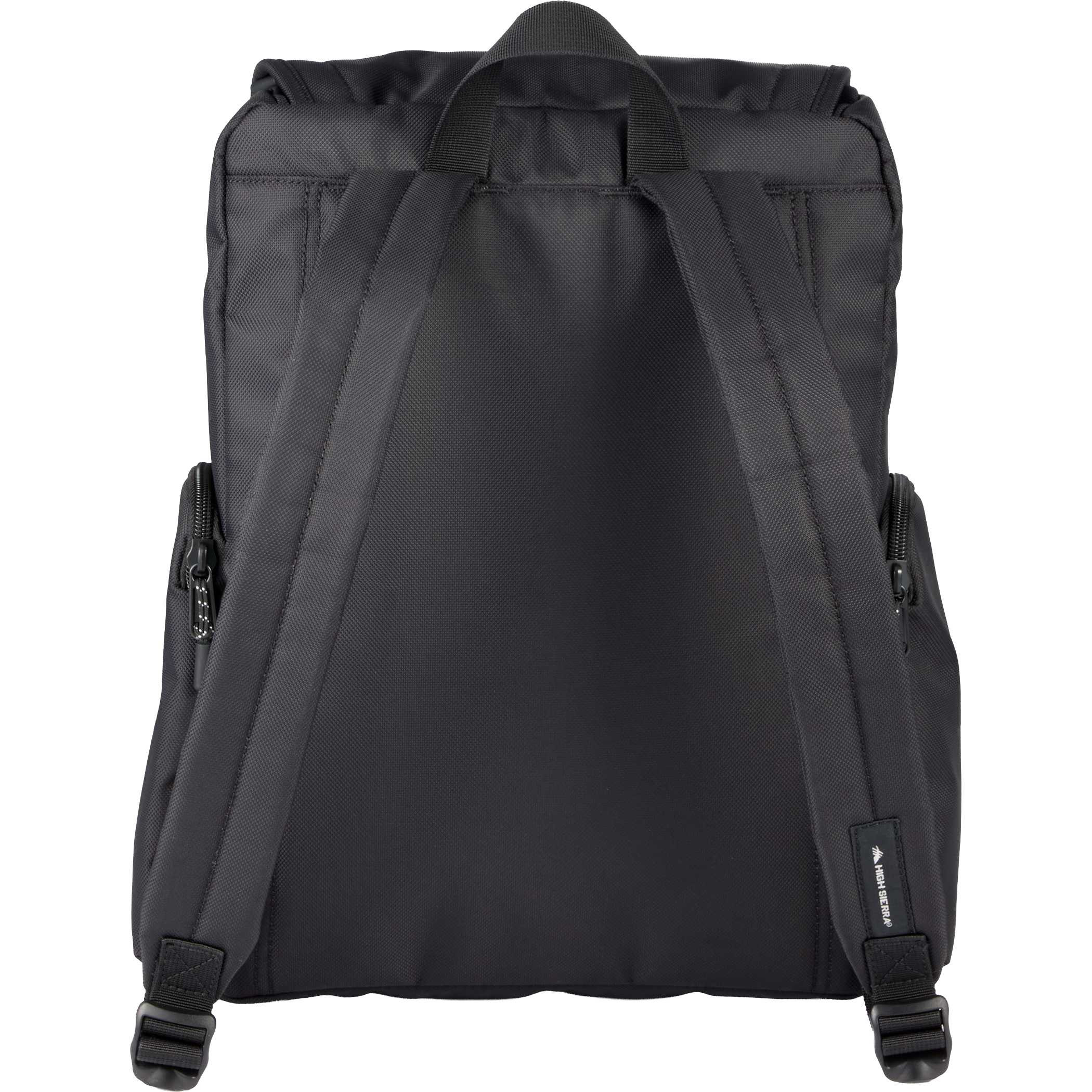 High Sierra Trekpoint Flap Backpack in black recycled polyester with flap-top design, padded shoulder straps, front zip pocket, side zip pockets, and laptop storage for work, school, or everyday carry.
