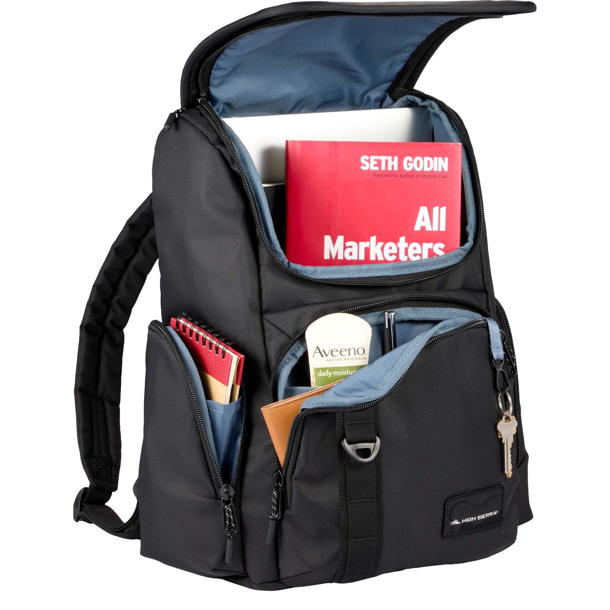 High Sierra Trekpoint Flap Backpack in black recycled polyester with blue interior lining, open main compartment holding a laptop, notebook, book, and daily essentials, showing organized storage for work, school, or commuting.