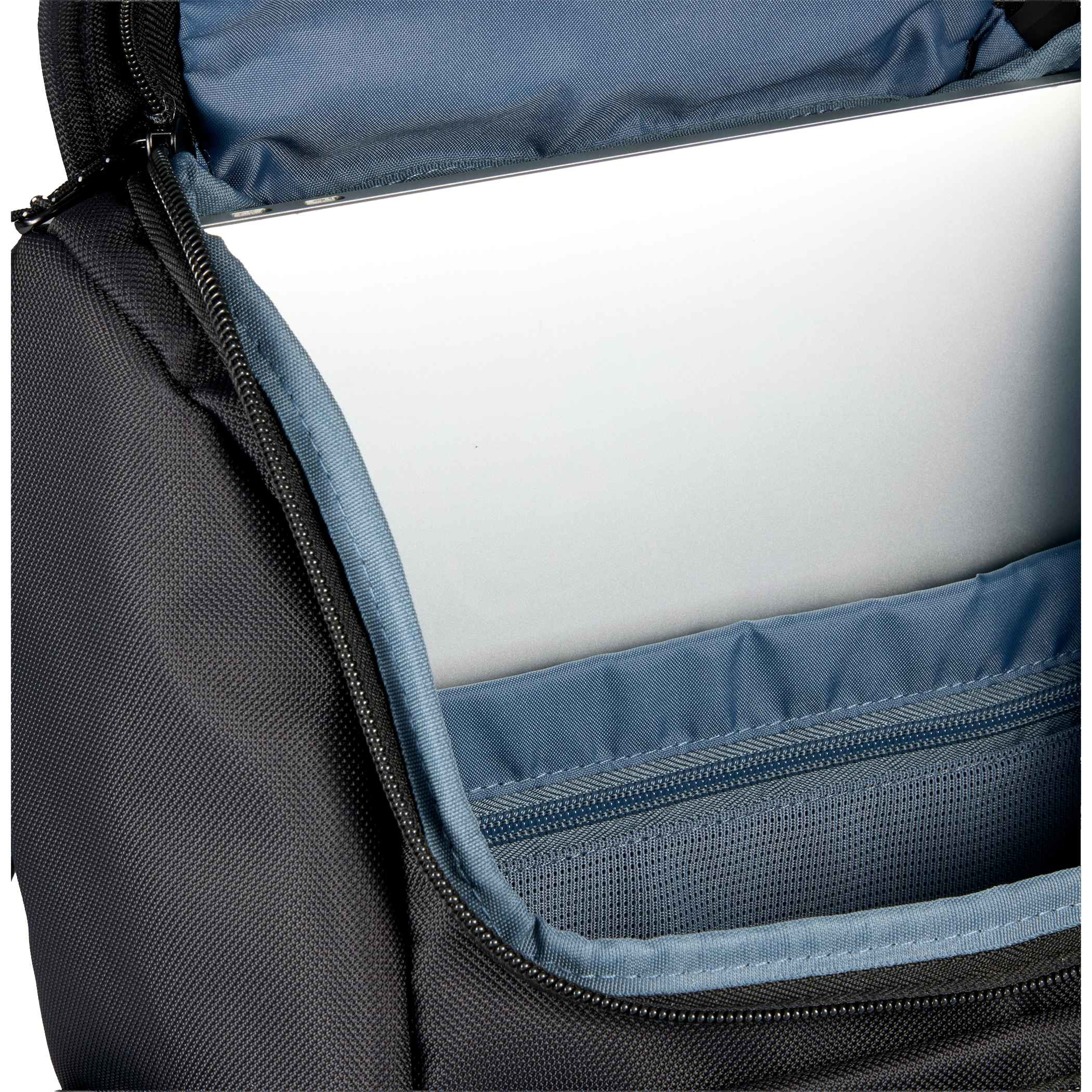 High Sierra Trekpoint Flap Backpack in black recycled polyester with blue interior laptop sleeve and mesh pocket, showing padded storage for carrying a laptop and work essentials.