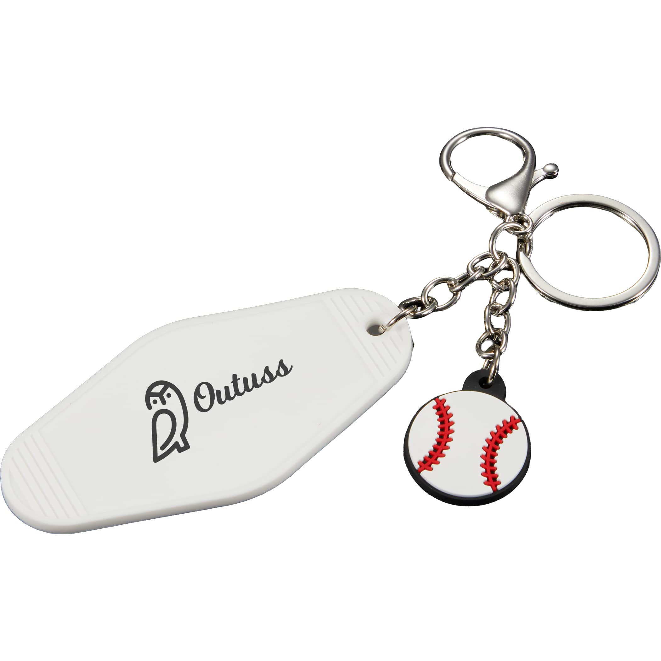 Baseball Motel Keychain white PVC keychain with baseball-shaped charm, retro motel-style tag, metal split ring, and lobster clip for holding keys, bags, or backpacks.