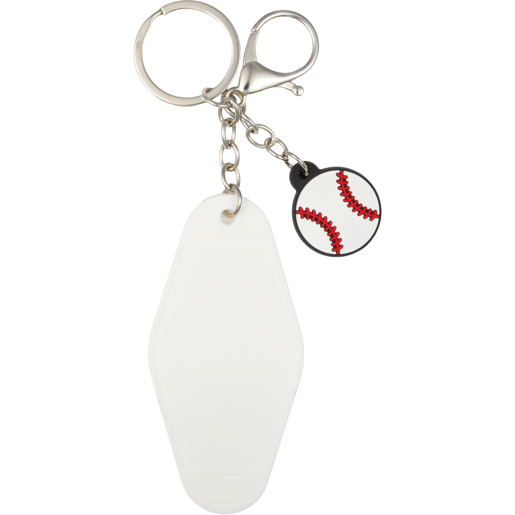 Baseball Motel Keychain white PVC keychain with baseball-shaped charm, retro motel-style tag, metal split ring, and lobster clip for holding keys, bags, or backpacks.