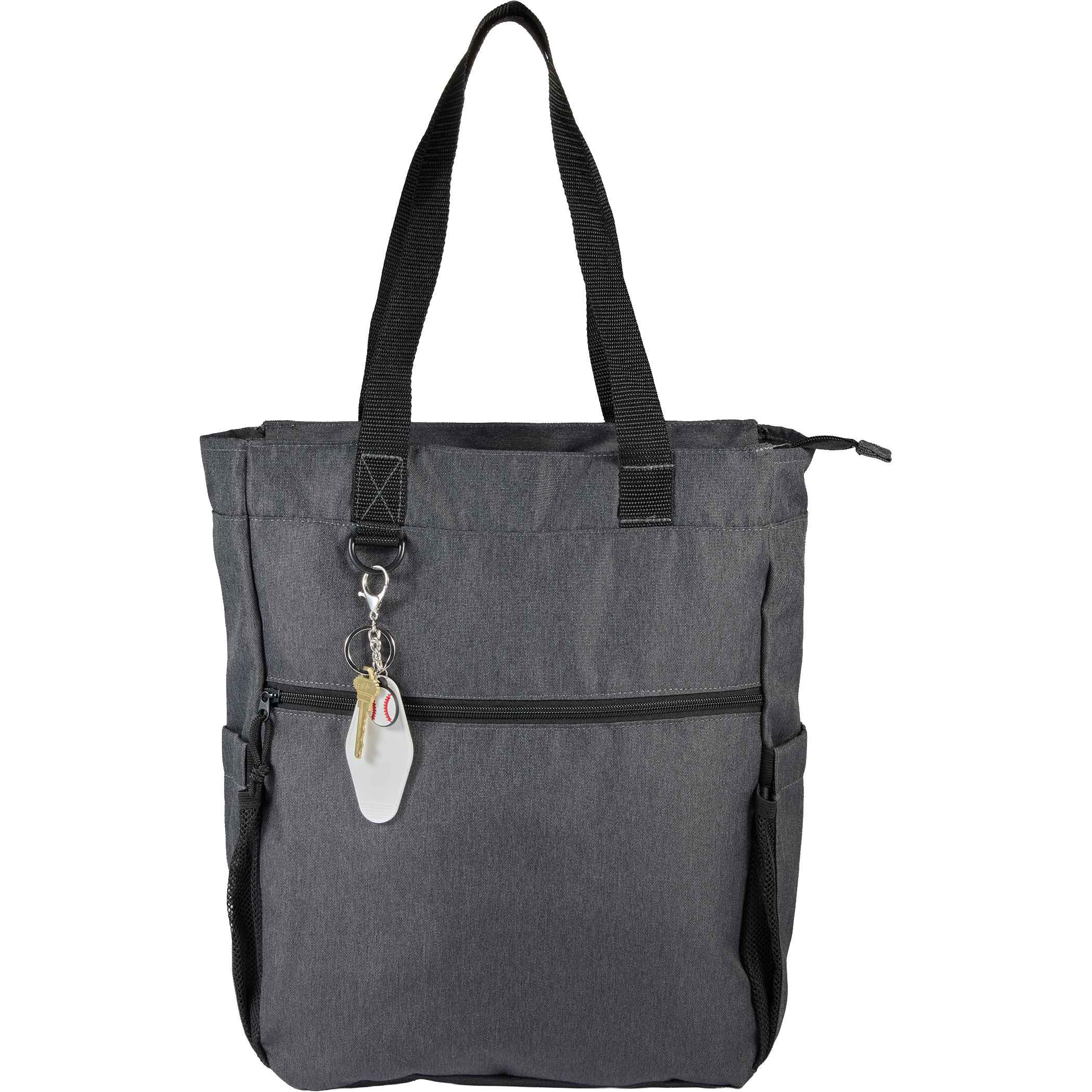 A tote bag in heather gray fabric with black shoulder straps, front zip pocket, side mesh pockets, zip-top closure, and attached White Baseball Motel Keychain, styled to show everyday carry and organization use.