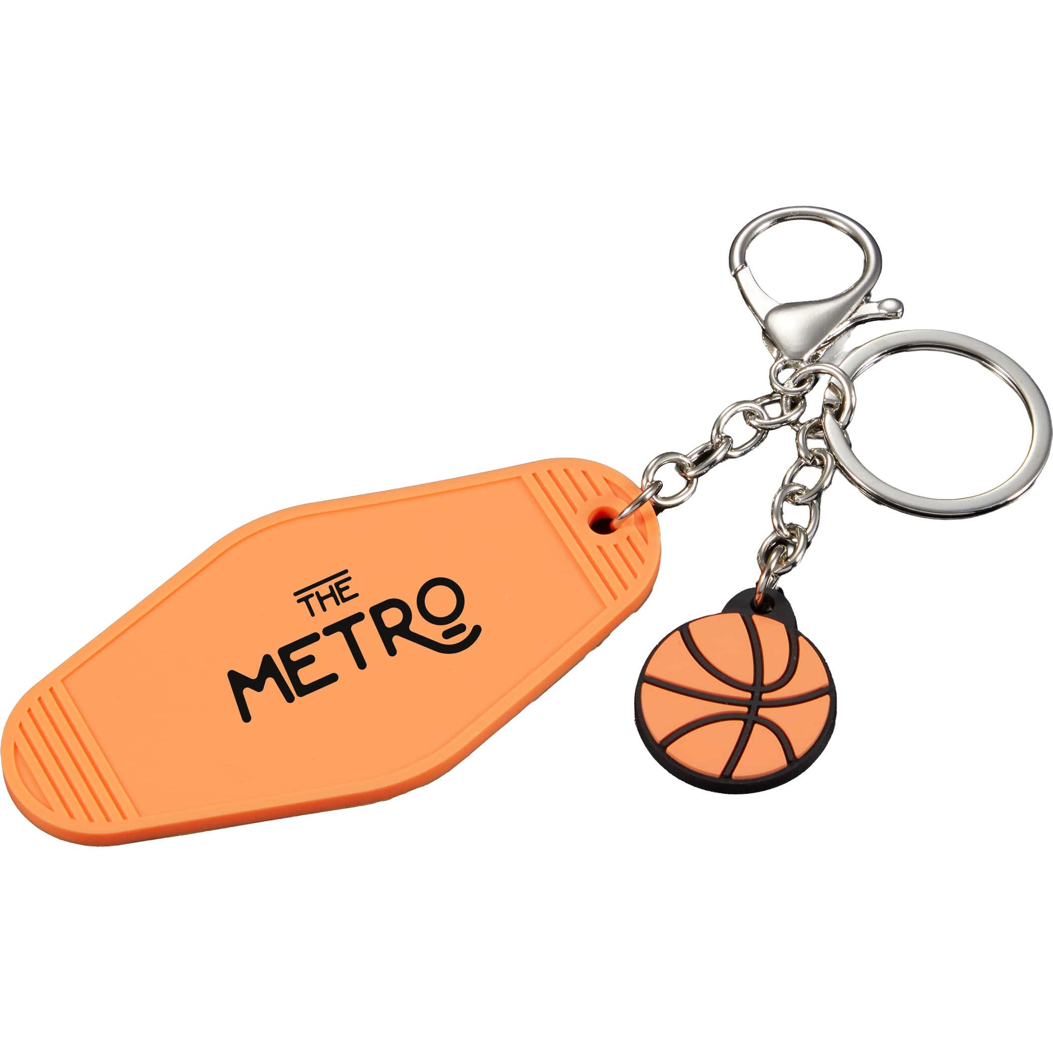 Basketball Motel Keychain in Orange PVC keychain with baseball-shaped charm, retro motel-style tag, metal split ring, and lobster clip for holding keys, bags, or backpacks.
