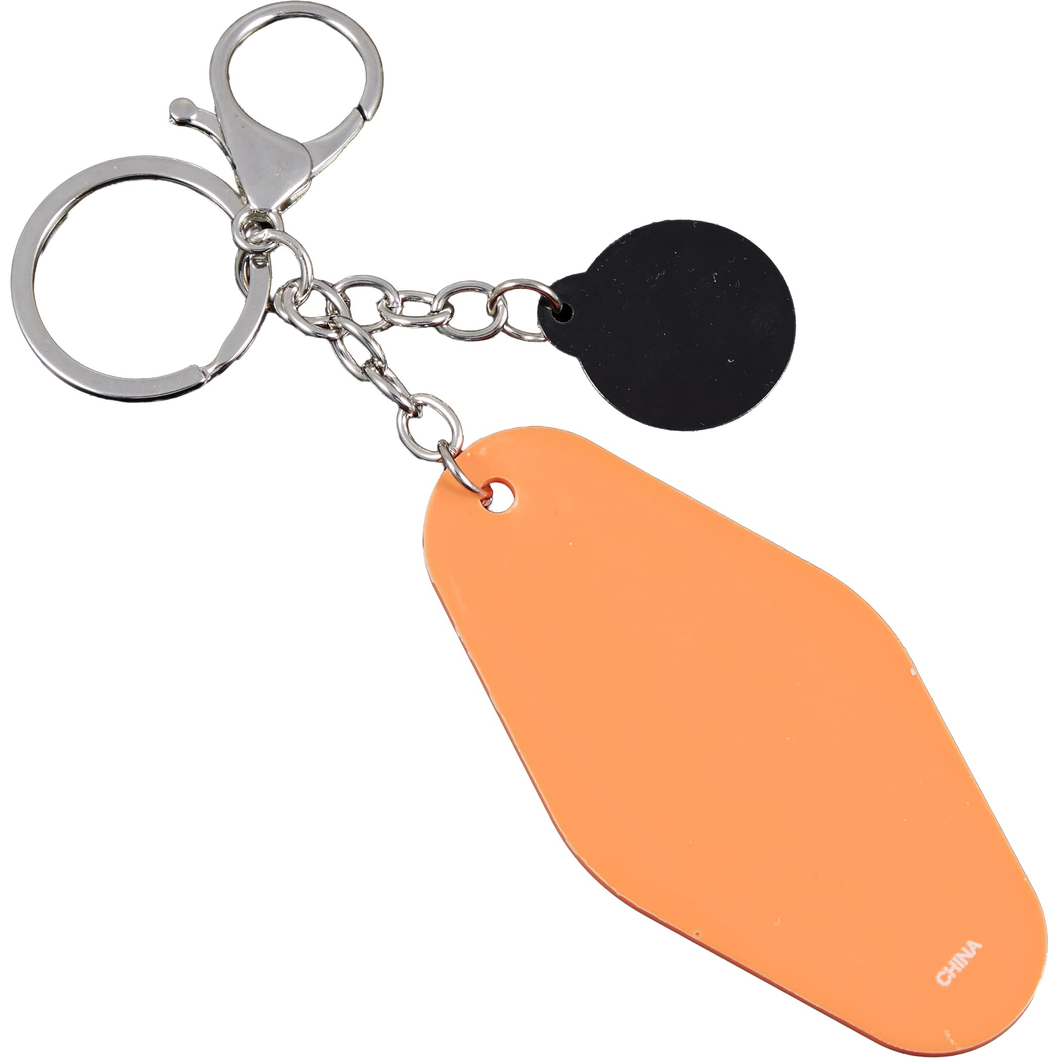 Basketball Motel Keychain in Orange PVC keychain with baseball-shaped charm, retro motel-style tag, metal split ring, and lobster clip for holding keys, bags, or backpacks.