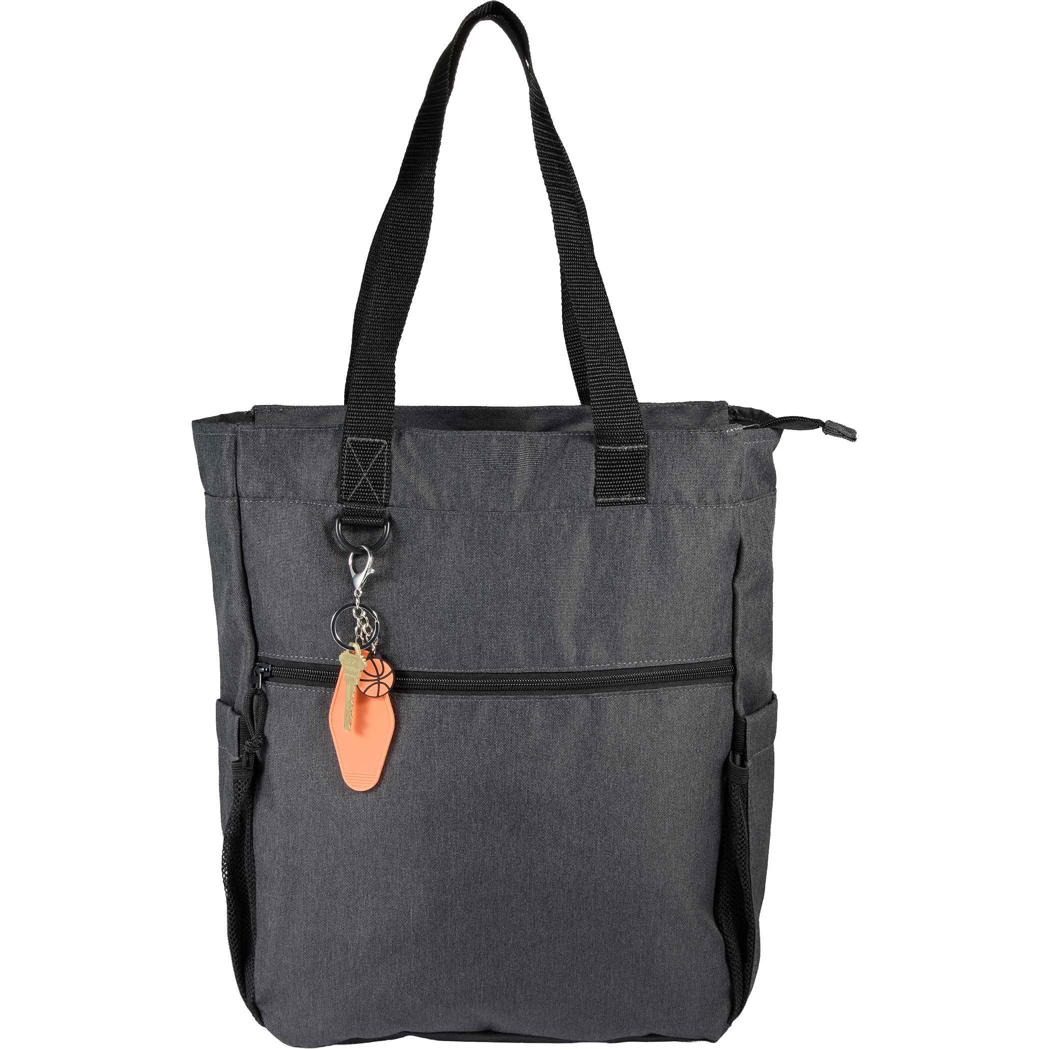 A tote bag in heather gray fabric with black shoulder straps, front zip pocket, side mesh pockets, zip-top closure, and attached Orange Basketball Motel Keychain, styled to show everyday carry and organization use.