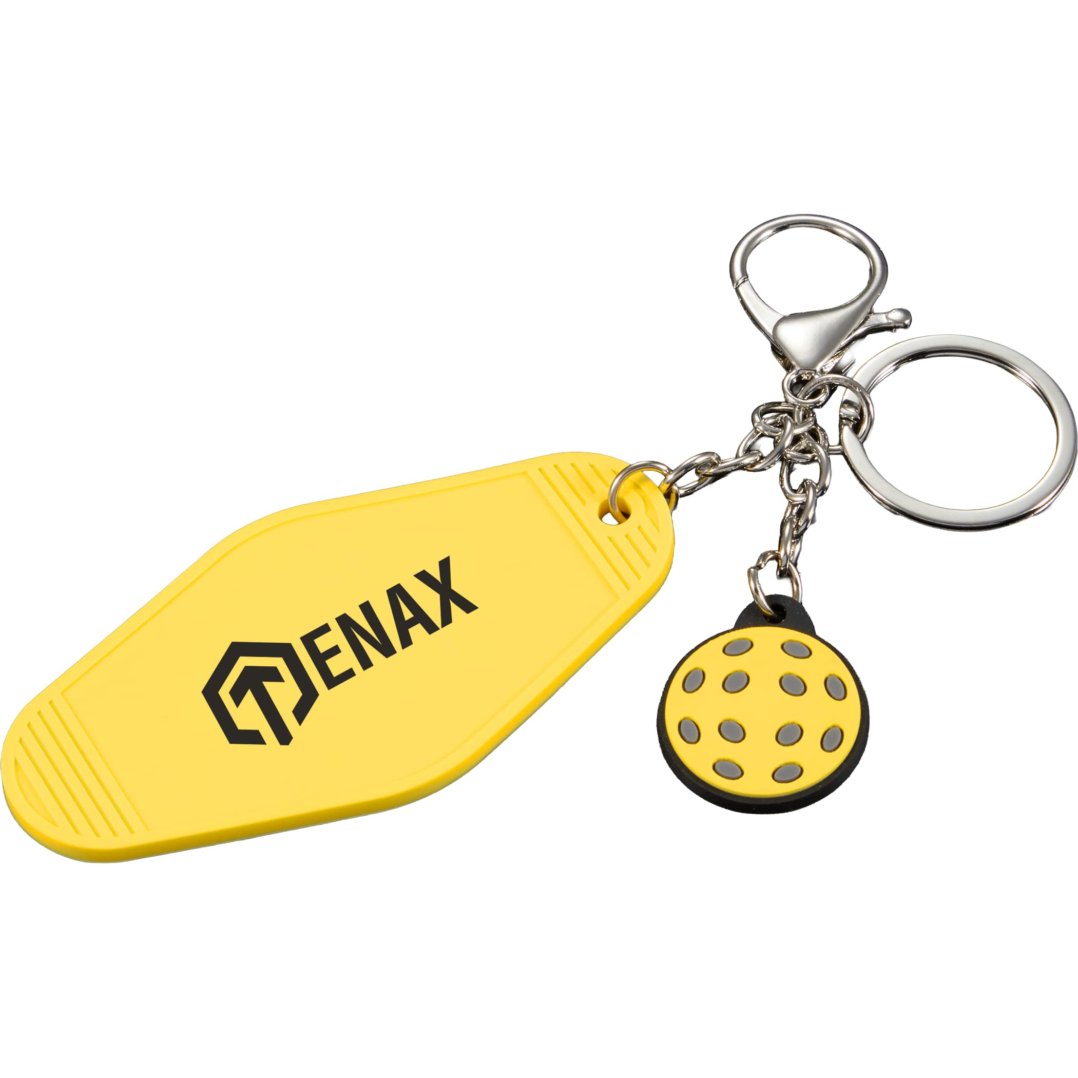 Pickleball Motel Keychain in Yellow PVC keychain with baseball-shaped charm, retro motel-style tag, metal split ring, and lobster clip for holding keys, bags, or backpacks.