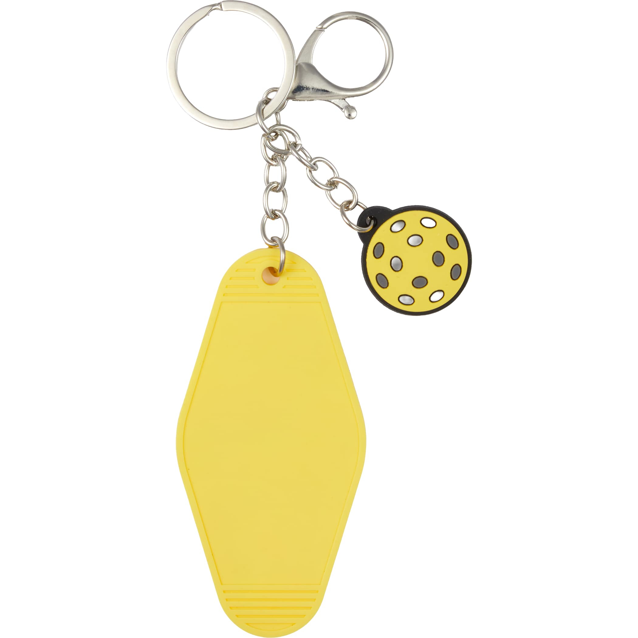 Pickleball Motel Keychain in Yellow PVC keychain with baseball-shaped charm, retro motel-style tag, metal split ring, and lobster clip for holding keys, bags, or backpacks.