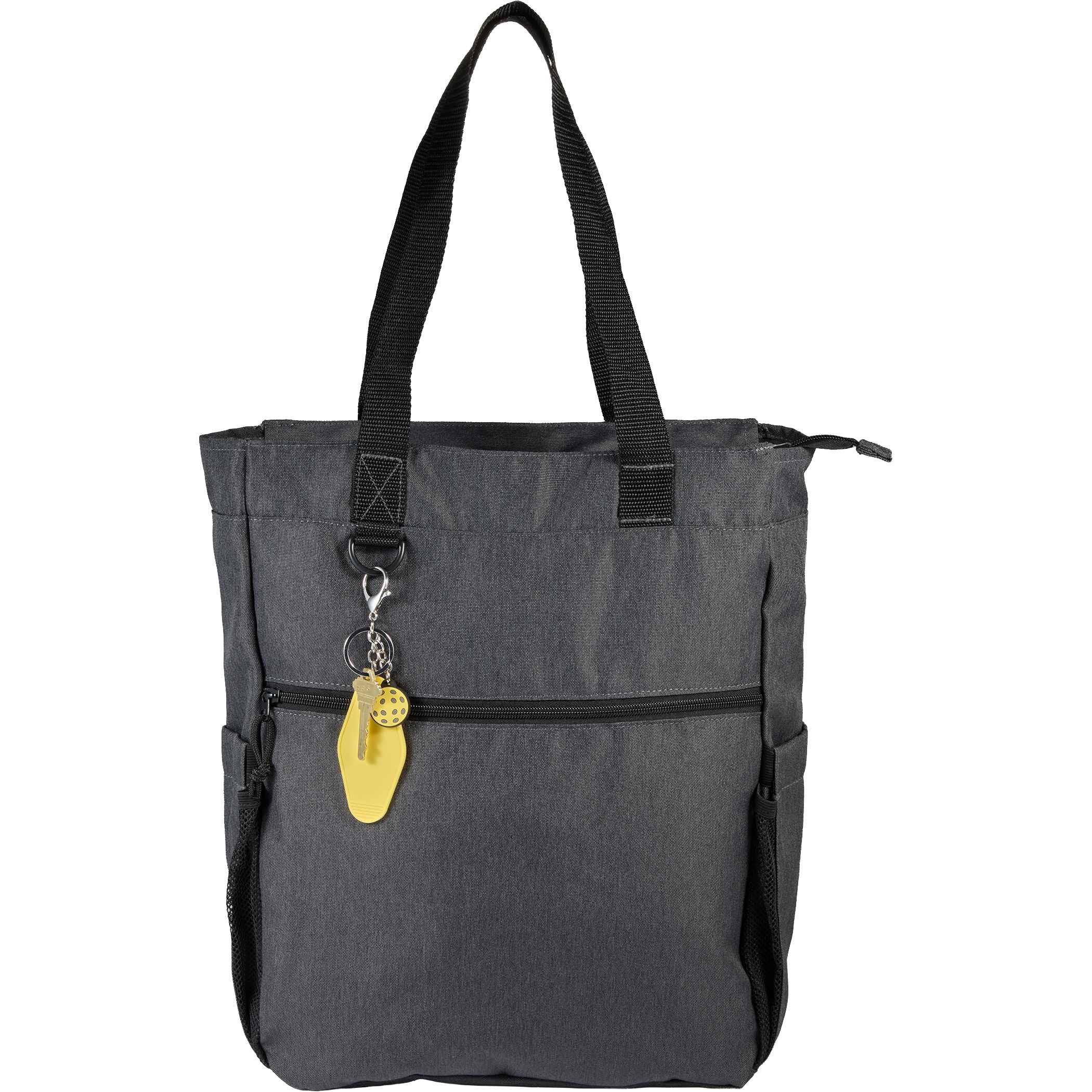 A tote bag in heather gray fabric with black shoulder straps, front zip pocket, side mesh pockets, zip-top closure, and attached Yellow Pickleball Motel Keychain, styled to show everyday carry and organization use.