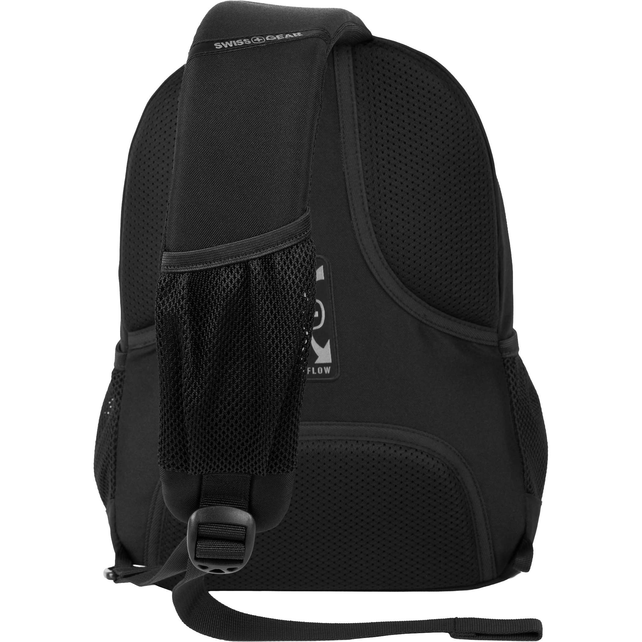 SWISSGEAR Mini Sling Bag in black recycled polyester, with a padded shoulder strap, organized front pockets, and a compact crossbody design for everyday carry and travel.