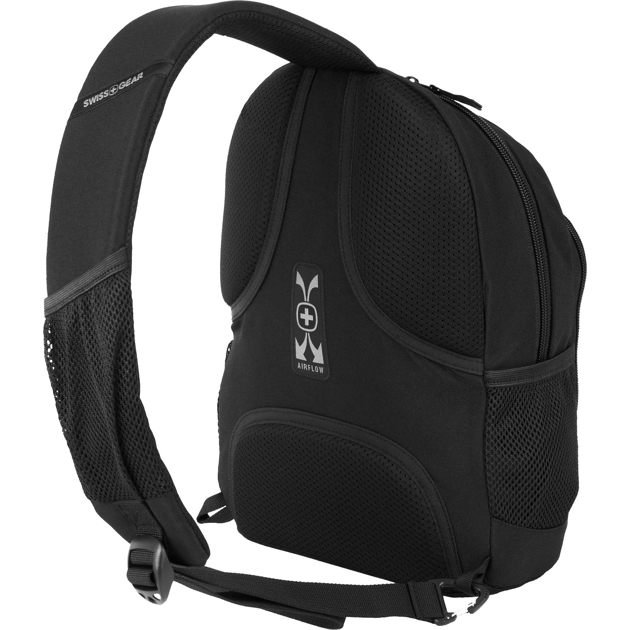 SWISSGEAR Mini Sling Bag in black recycled polyester, with a padded shoulder strap, organized front pockets, and a compact crossbody design for everyday carry and travel.