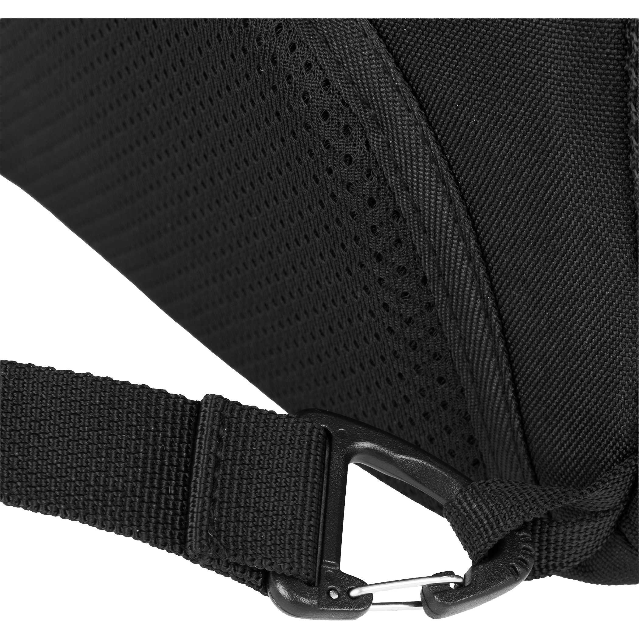 SWISSGEAR Mini Sling Bag in black recycled polyester, with a padded shoulder strap, organized front pockets, and a compact crossbody design for everyday carry and travel.