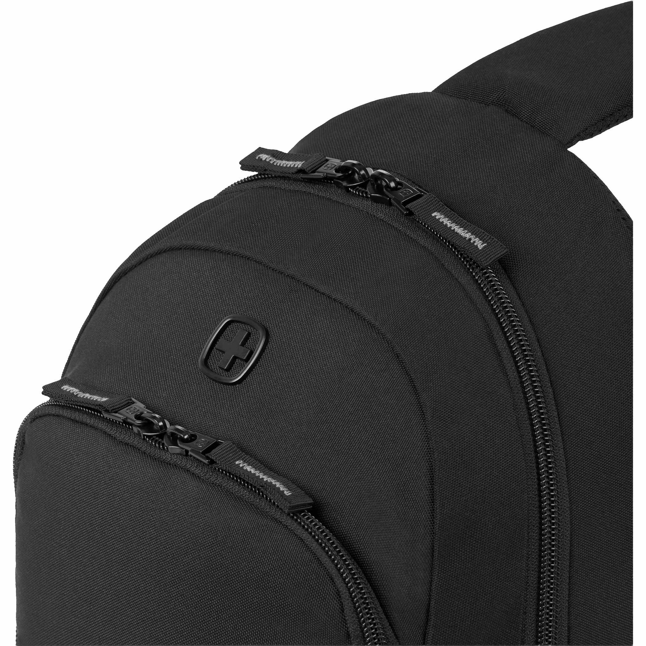 SWISSGEAR Mini Sling Bag in black recycled polyester, with a padded shoulder strap, organized front pockets, and a compact crossbody design for everyday carry and travel.