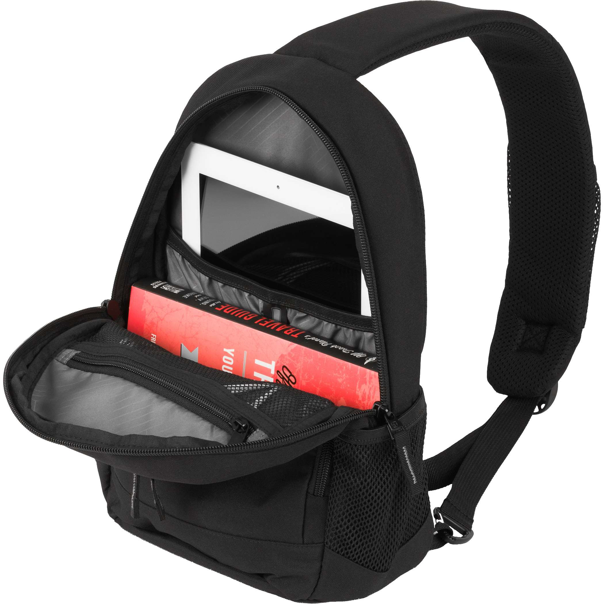 SWISSGEAR Mini Sling Bag in black recycled polyester sling bag with mesh side pocket holding a water bottle, showing everyday hydration storage and travel organization features