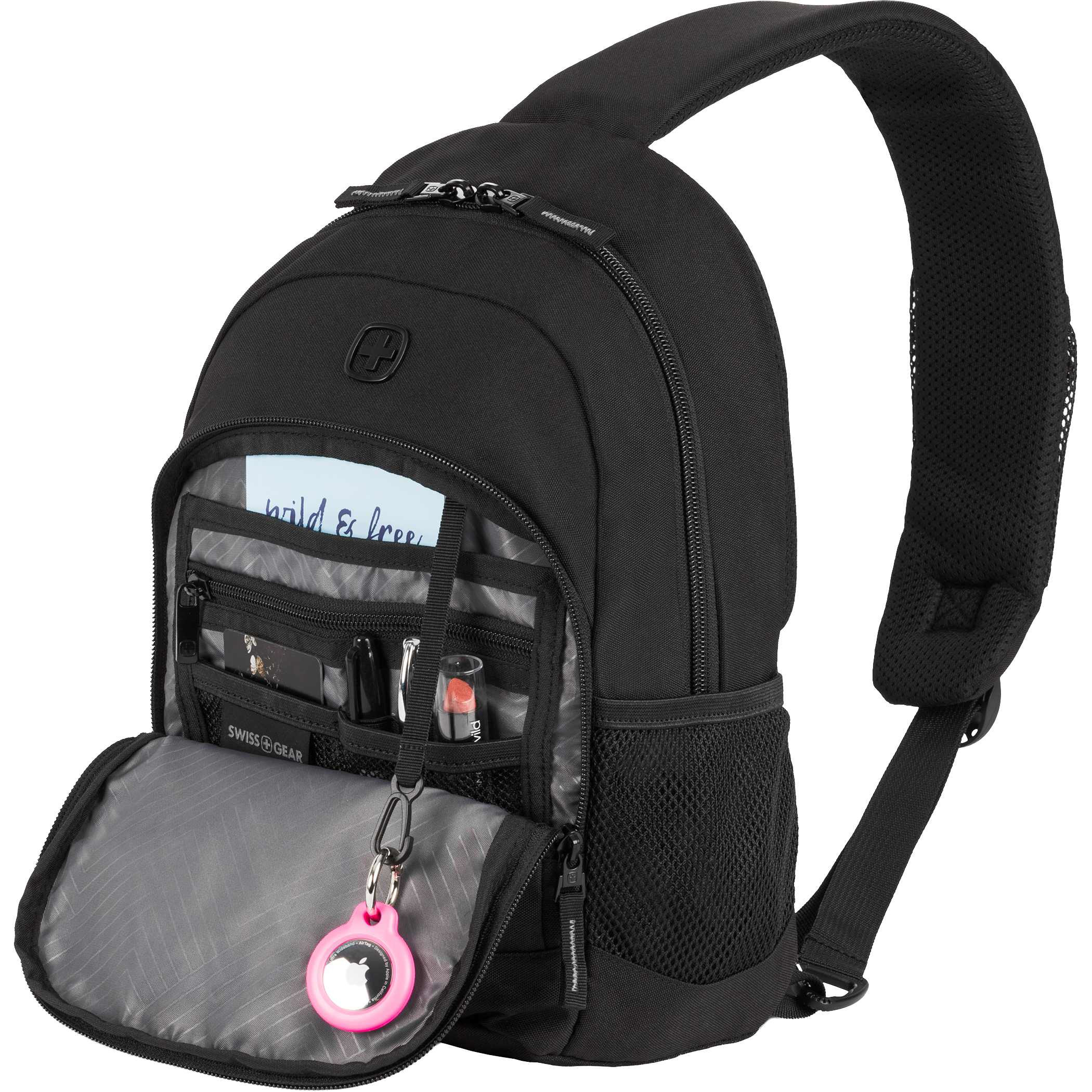 SWISSGEAR Mini Sling Bag in black recycled polyester sling bag with open organizer compartment storing keys, phone, small accessories, and essentials for everyday travel and commuting