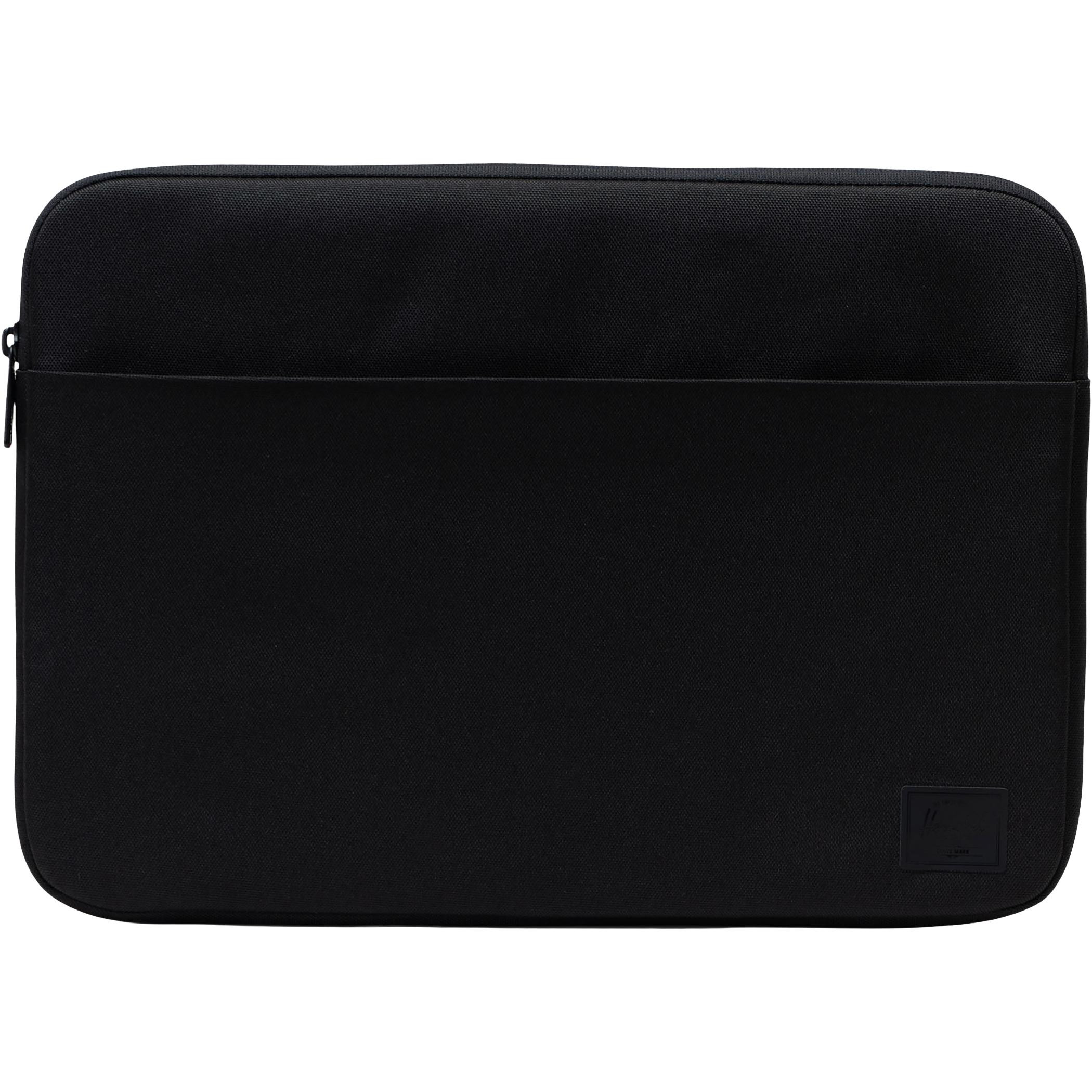 Herschel 16" Denman Laptop Sleeve in black recycled polyester with zippered front organizer pocket, padded laptop compartment, and slim protective design for carrying a 15-inch or 16-inch laptop.