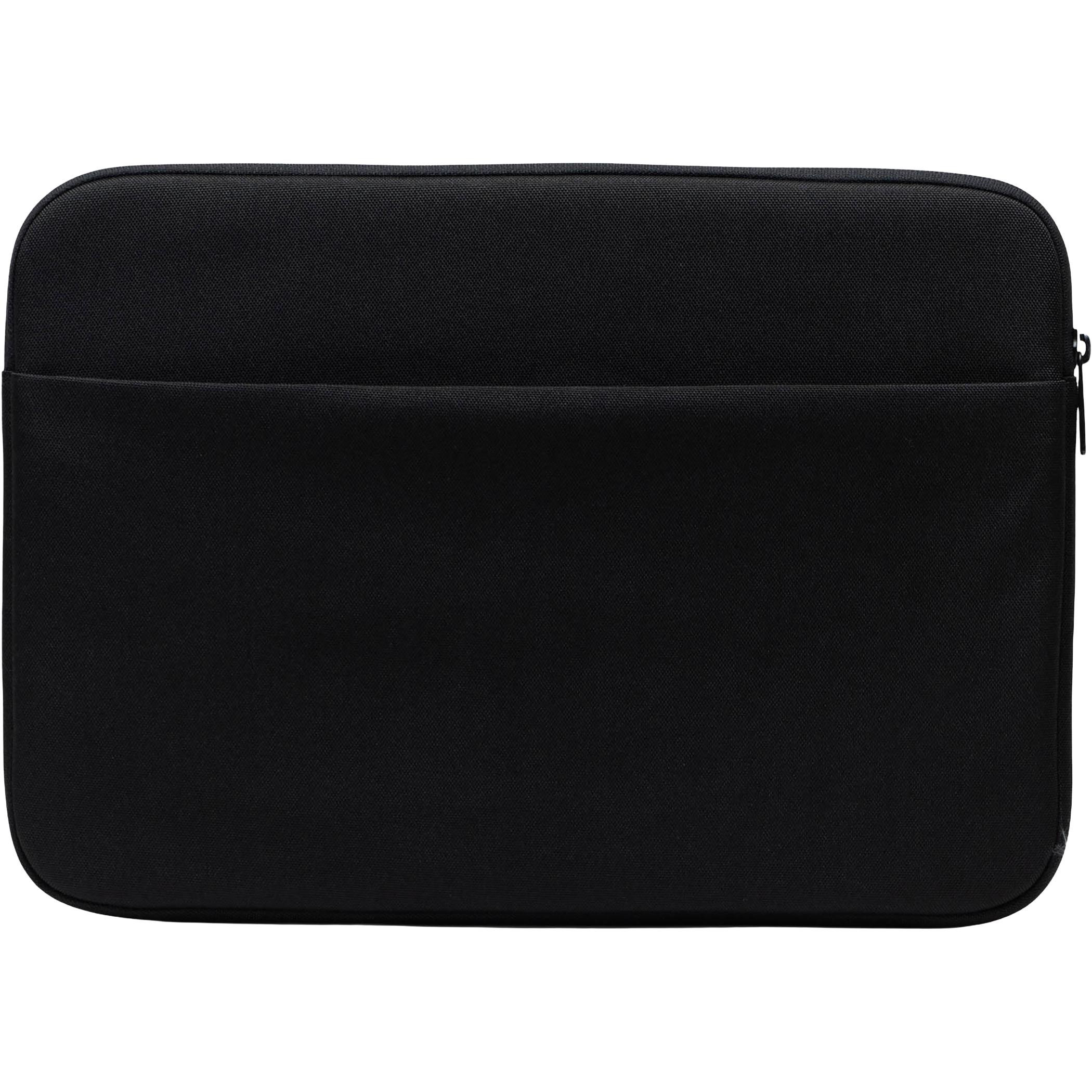 Herschel 16" Denman Laptop Sleeve in black recycled polyester with zippered front organizer pocket, padded laptop compartment, and slim protective design for carrying a 15-inch or 16-inch laptop.