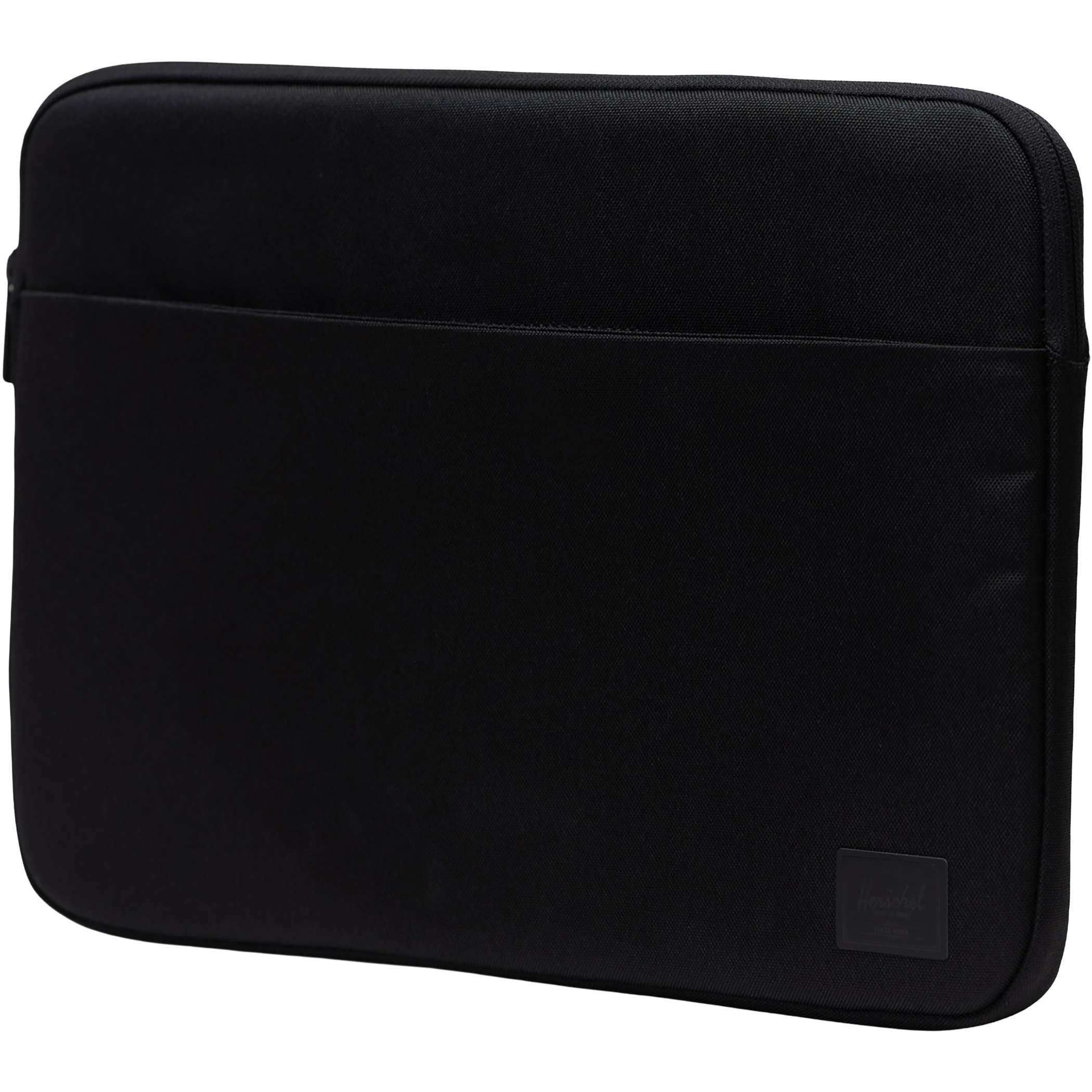 Herschel 16" Denman Laptop Sleeve in black recycled polyester with zippered front organizer pocket, padded laptop compartment, and slim protective design for carrying a 15-inch or 16-inch laptop.