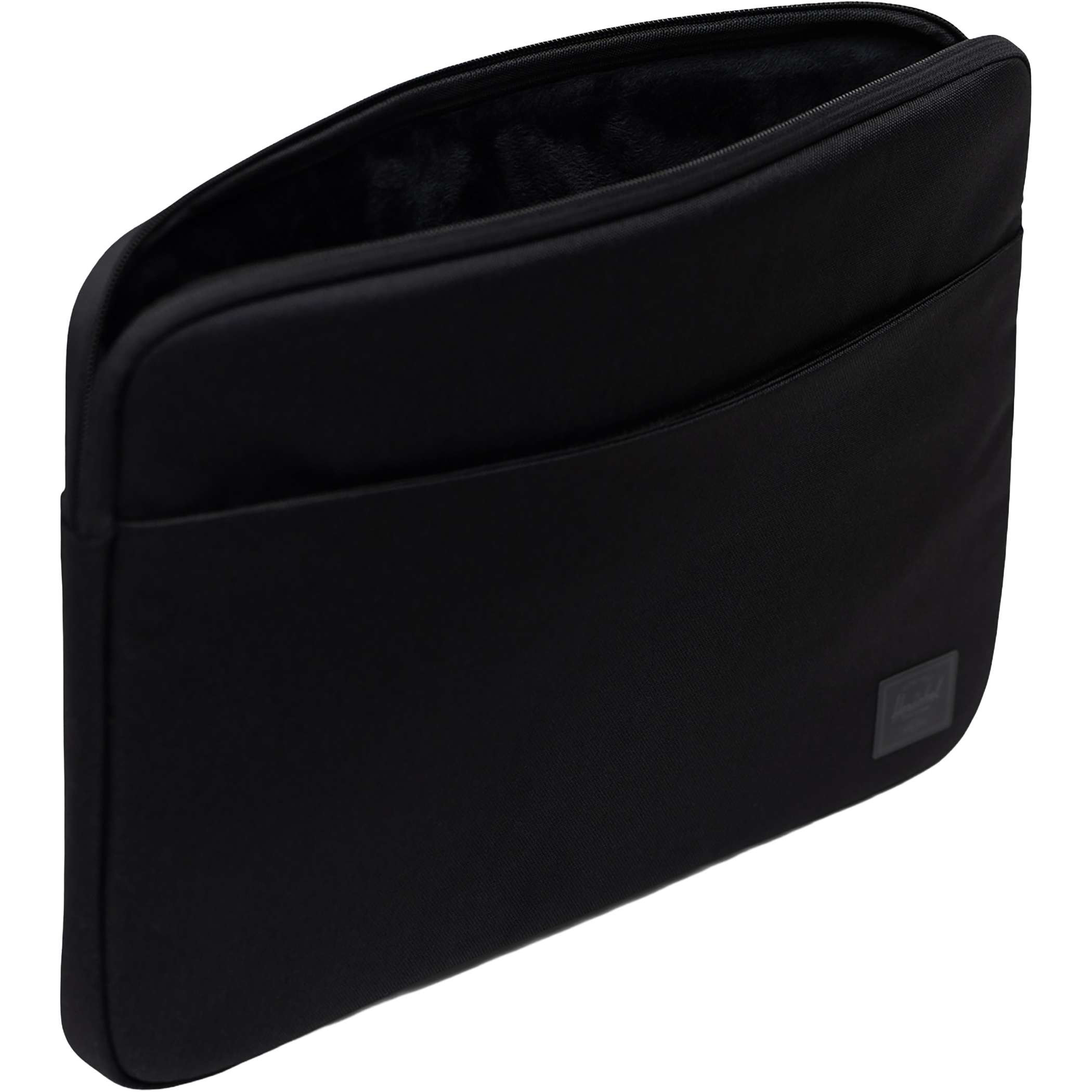 Herschel 16" Denman Laptop Sleeve in black recycled polyester with zippered front organizer pocket, padded laptop compartment, and slim protective design for carrying a 15-inch or 16-inch laptop.