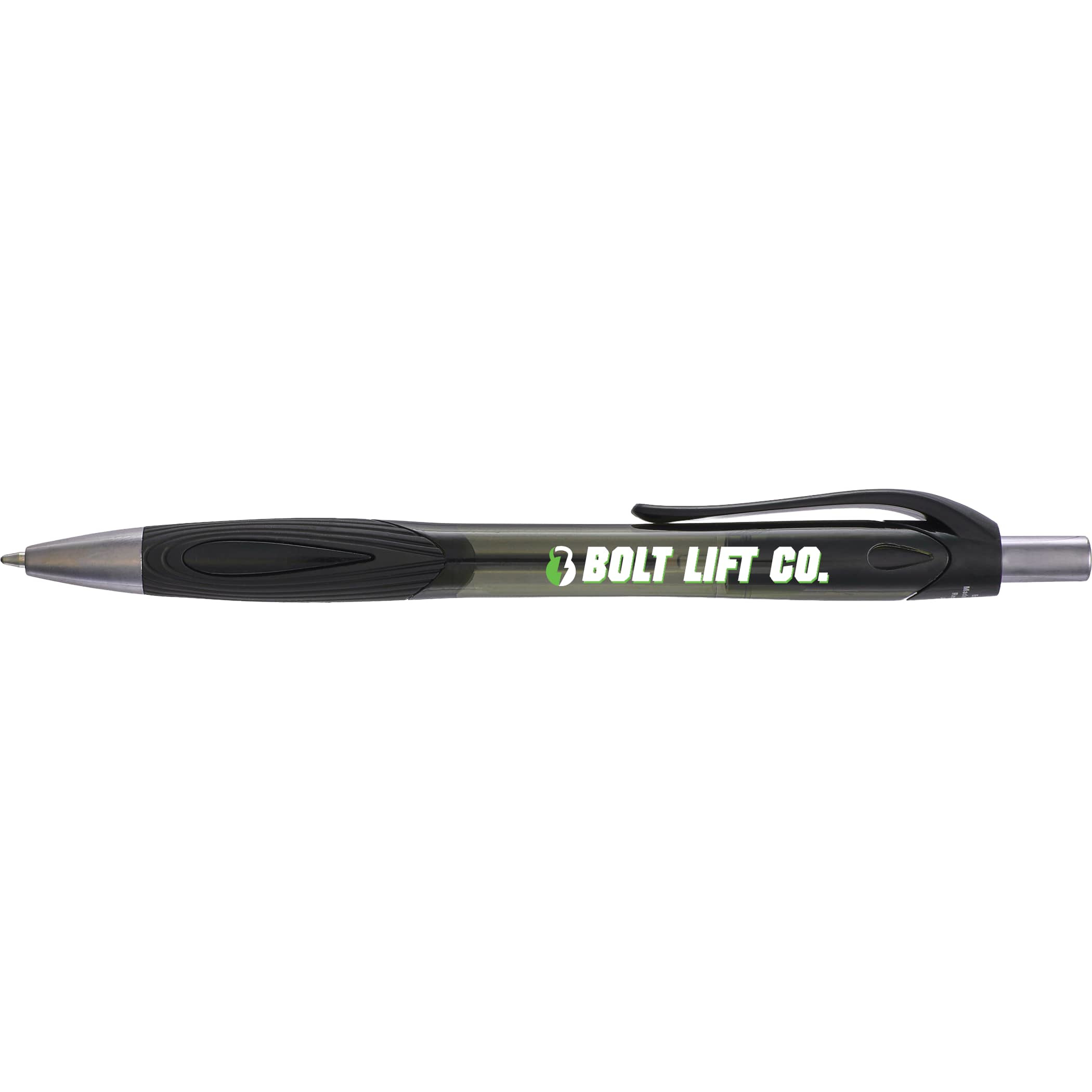 Black Carlow Recycled Gel Pen recycled ABS plastic with sleek barrel, clip, and click-action design, black gel ink pen for everyday writing at work, school, or home.