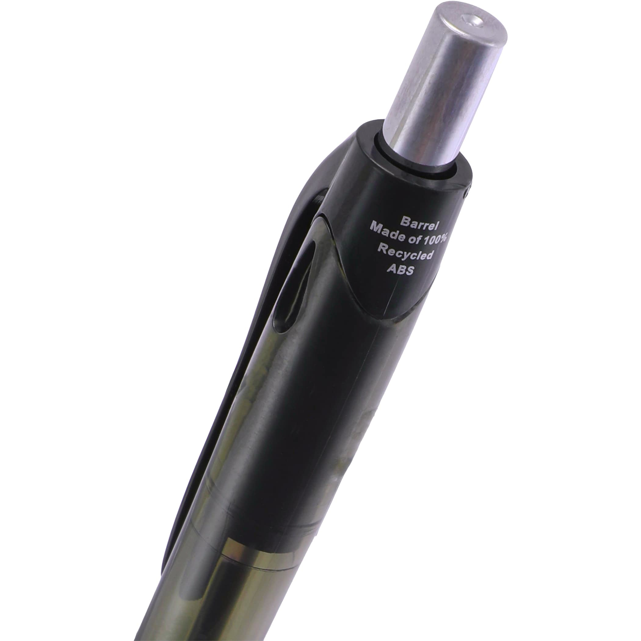 Black Carlow Recycled Gel Pen recycled ABS plastic with sleek barrel, clip, and click-action design, black gel ink pen for everyday writing at work, school, or home.