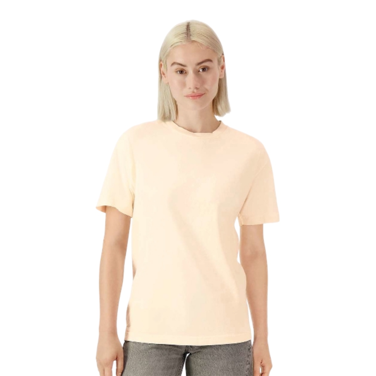 Faded cream heavyweight long-sleeve T-shirt with a relaxed fit, soft garment-dyed finish, rib knit cuffs, and classic crew neckline.