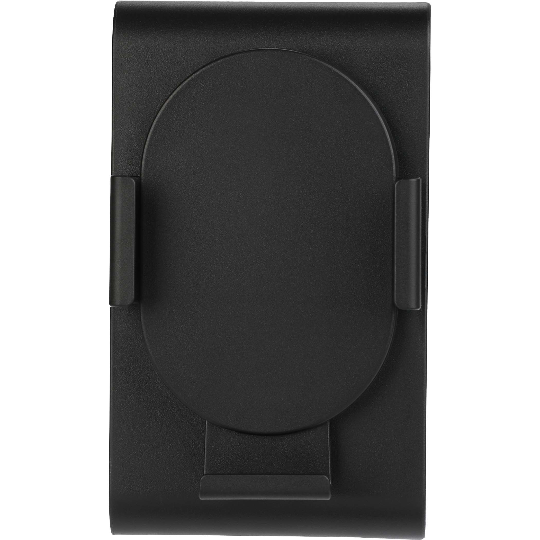 Phone Grip Outdoor Magnetic Bluetooth Speaker in black ABS plastic shown mounted to a metal surface in a fitness or locker-style environment, highlighting the magnetic attachment and integrated phone stand for stable, hands-free use.