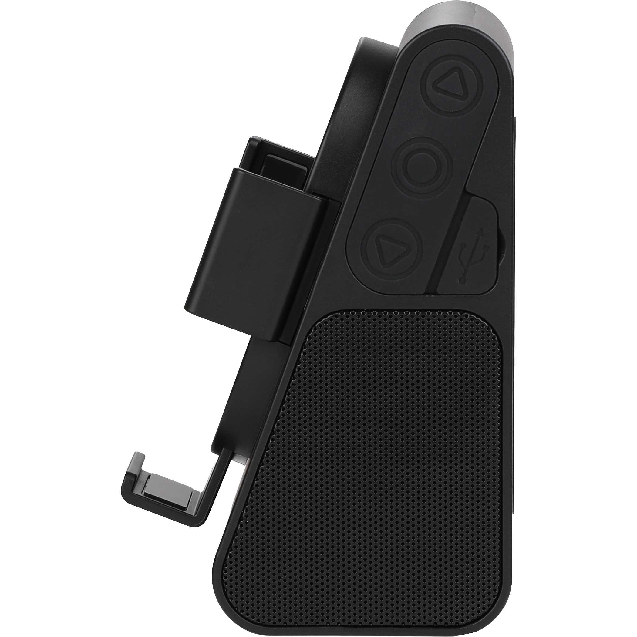 Phone Grip Outdoor Magnetic Bluetooth Speaker in black ABS plastic shown mounted to a metal surface in a fitness or locker-style environment, highlighting the magnetic attachment and integrated phone stand for stable, hands-free use.