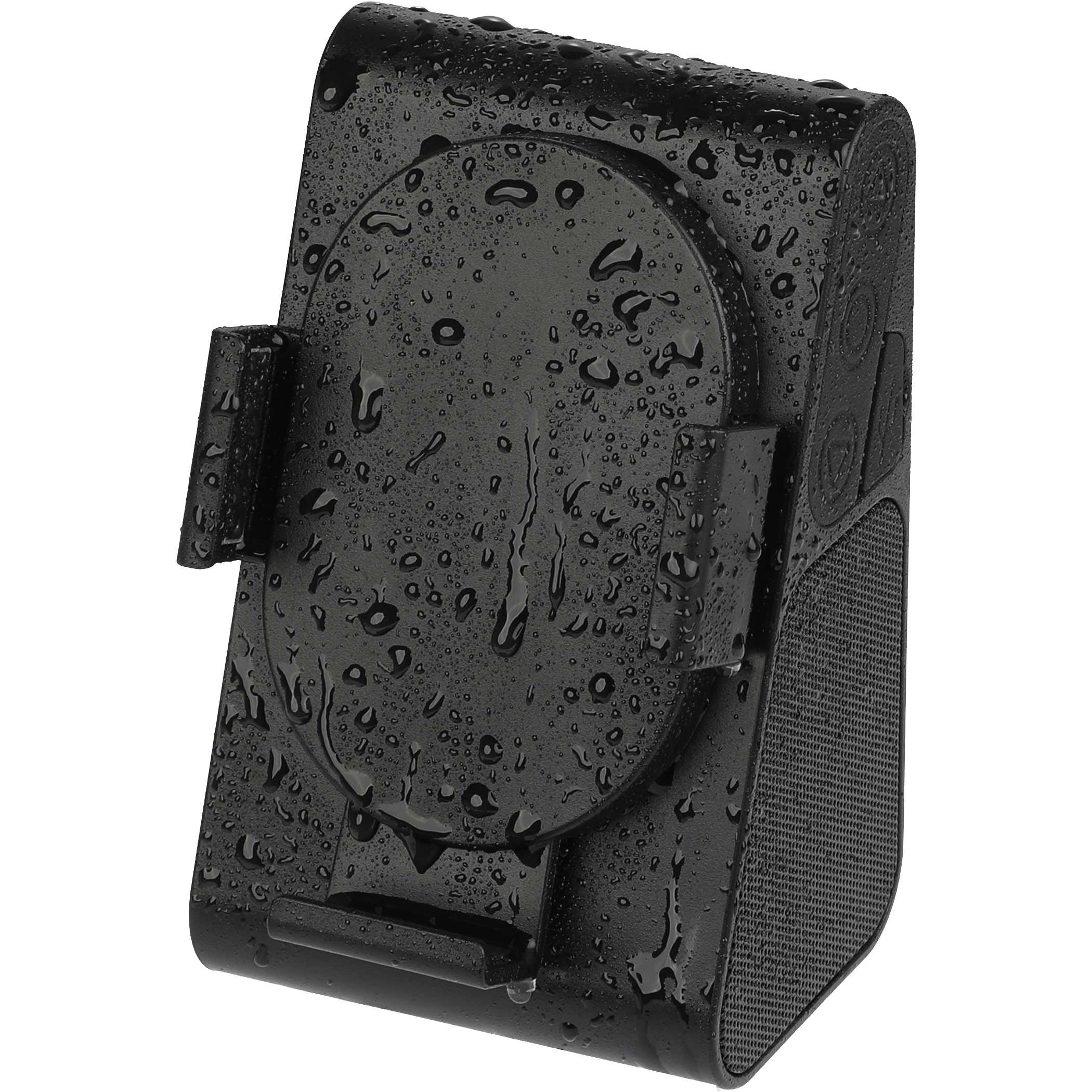 Black Phone Grip Outdoor Magnetic Bluetooth Speaker with a compact rectangular ABS plastic body, featuring a IPX4 water resistance, built-in magnetic back for mounting on metal surfaces, an integrated phone stand, and front-facing speaker grille. Portable outdoor Bluetooth speaker designed for hands-free use with smartphones.