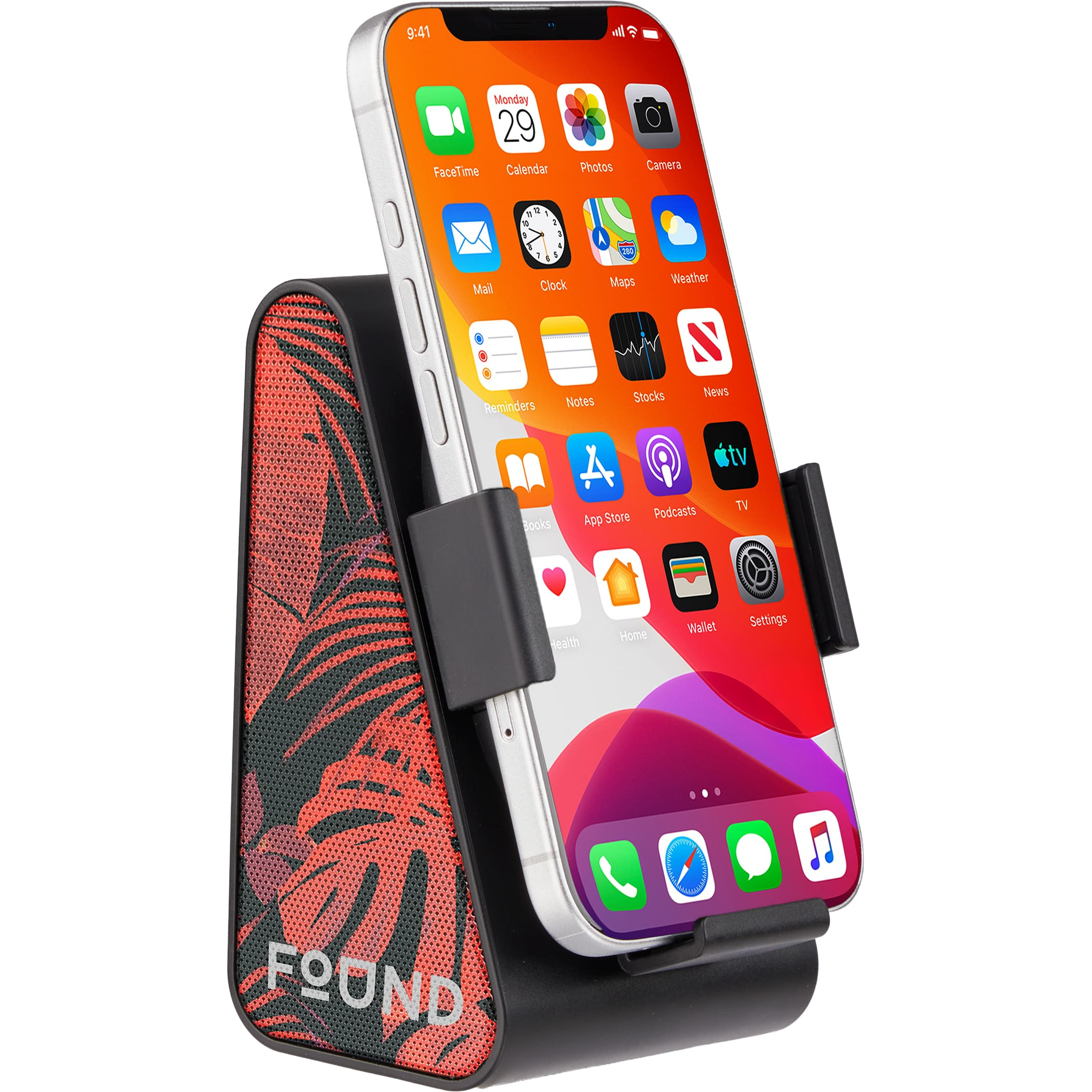 Phone Grip Outdoor Magnetic Bluetooth Speaker in black ABS plastic displayed in a close-up lifestyle setting, emphasizing the magnetic back securing it to metal and the compact design used for portable, hands-free listening.