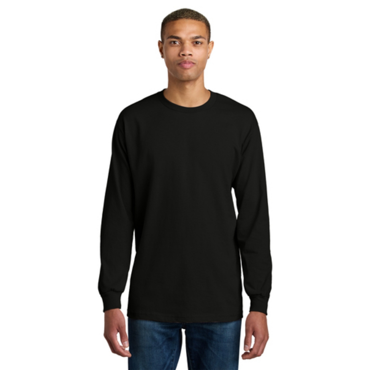 Black heavyweight long-sleeve T-shirt with a relaxed fit, soft cotton fabric, rib knit cuffs, and a classic crew neckline.