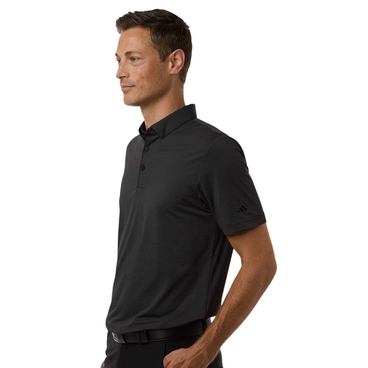 Carbon/Black adidas Men's Ultimate365 Pencil Stripe Climacool Polo recycled polyester blend fabric with subtle pencil stripe pattern, three-button collar, short sleeves, and contrast adidas logo on left sleeve, designed for golf and performance wear.