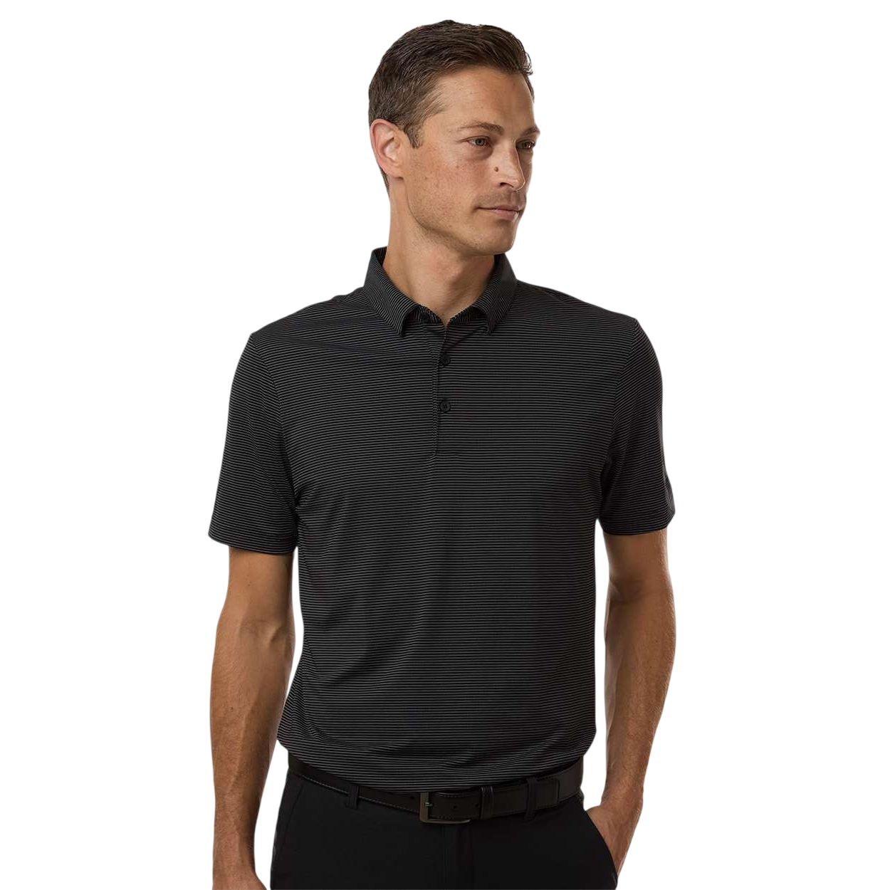 Carbon/Black adidas Men's Ultimate365 Pencil Stripe Climacool Polo recycled polyester blend fabric with subtle pencil stripe pattern, three-button collar, short sleeves, and contrast adidas logo on left sleeve, designed for golf and performance wear.