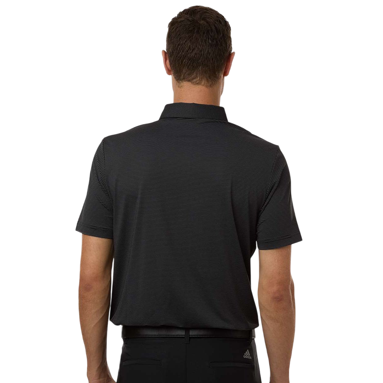 Carbon/Black adidas Men's Ultimate365 Pencil Stripe Climacool Polo recycled polyester blend fabric with subtle pencil stripe pattern, three-button collar, short sleeves, and contrast adidas logo on left sleeve, designed for golf and performance wear.